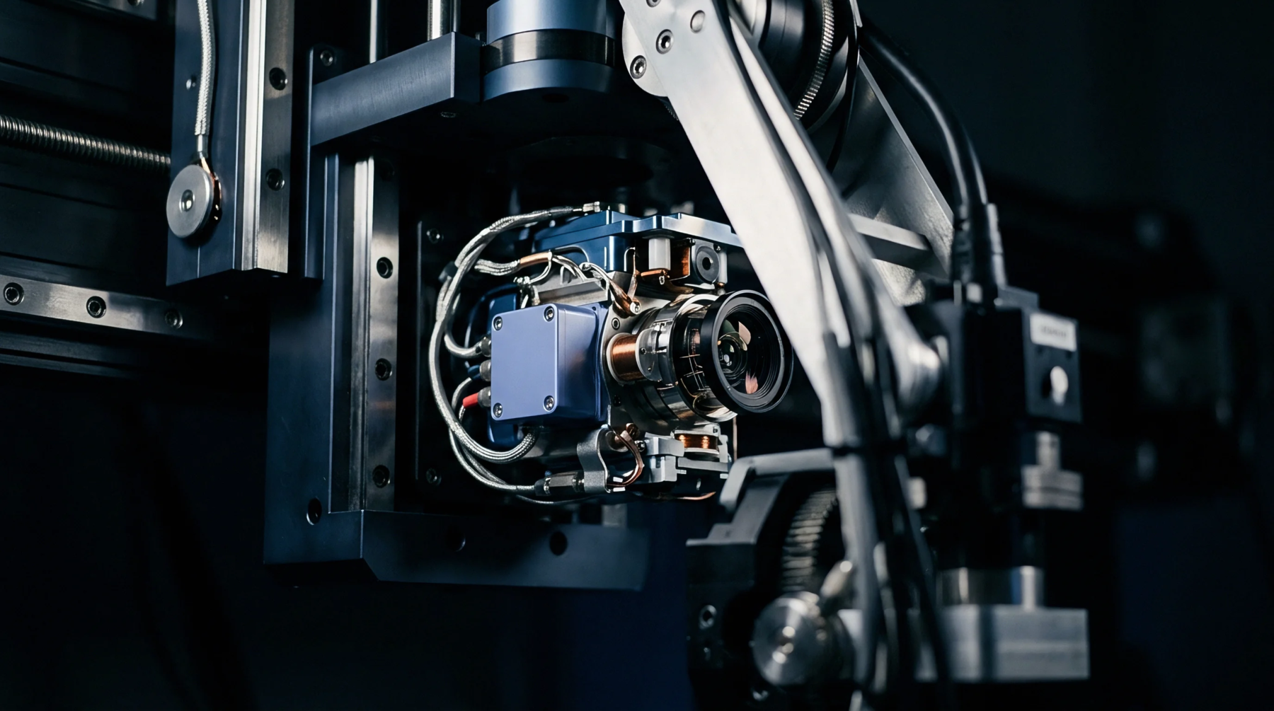 An intricate optical sensor and measurement head, housed in blue and silver components, is mounted within a multi-axis precision positioning system.