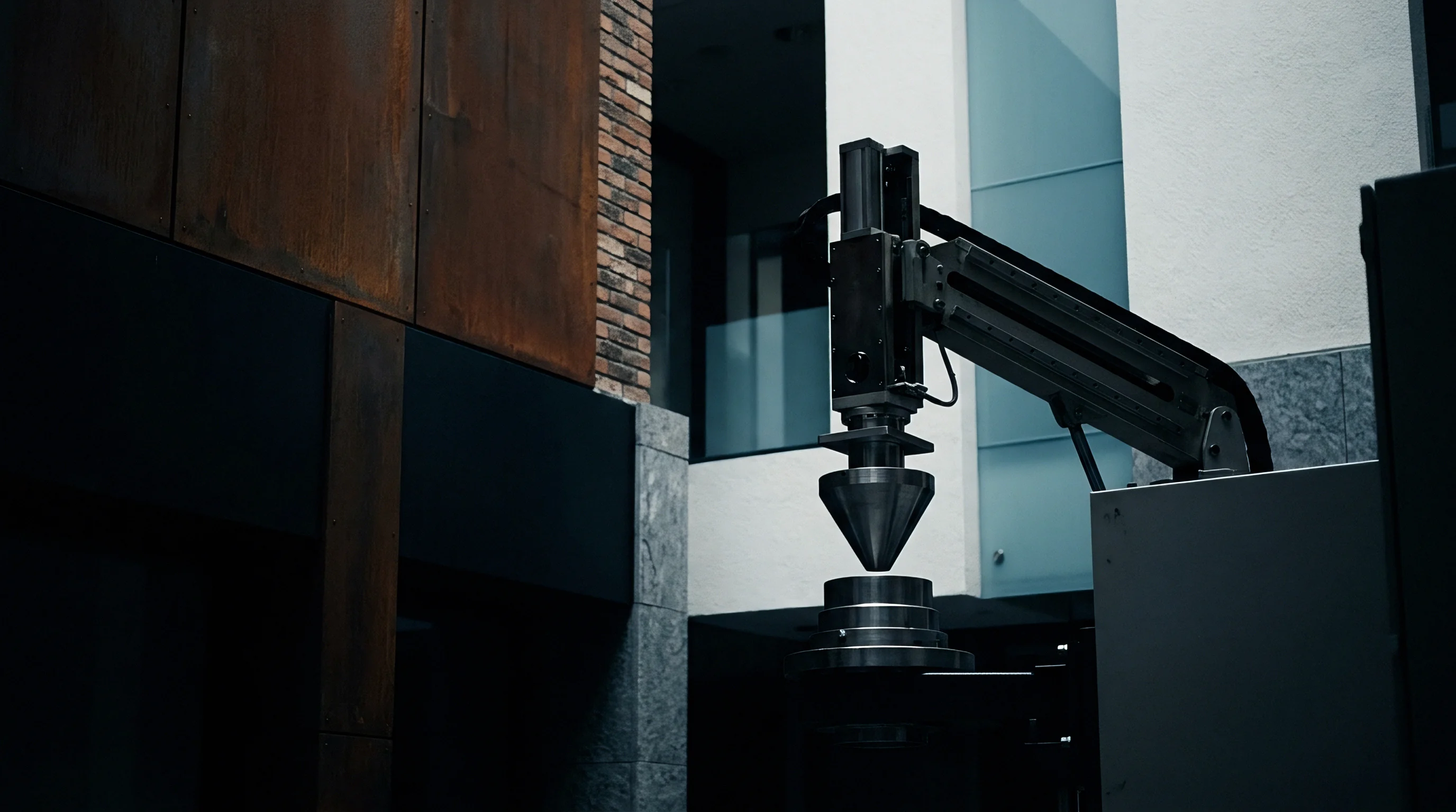A robotic metrology arm with a steel conical stylus positions above a cylindrical workpiece within an industrial testing enclosure.
