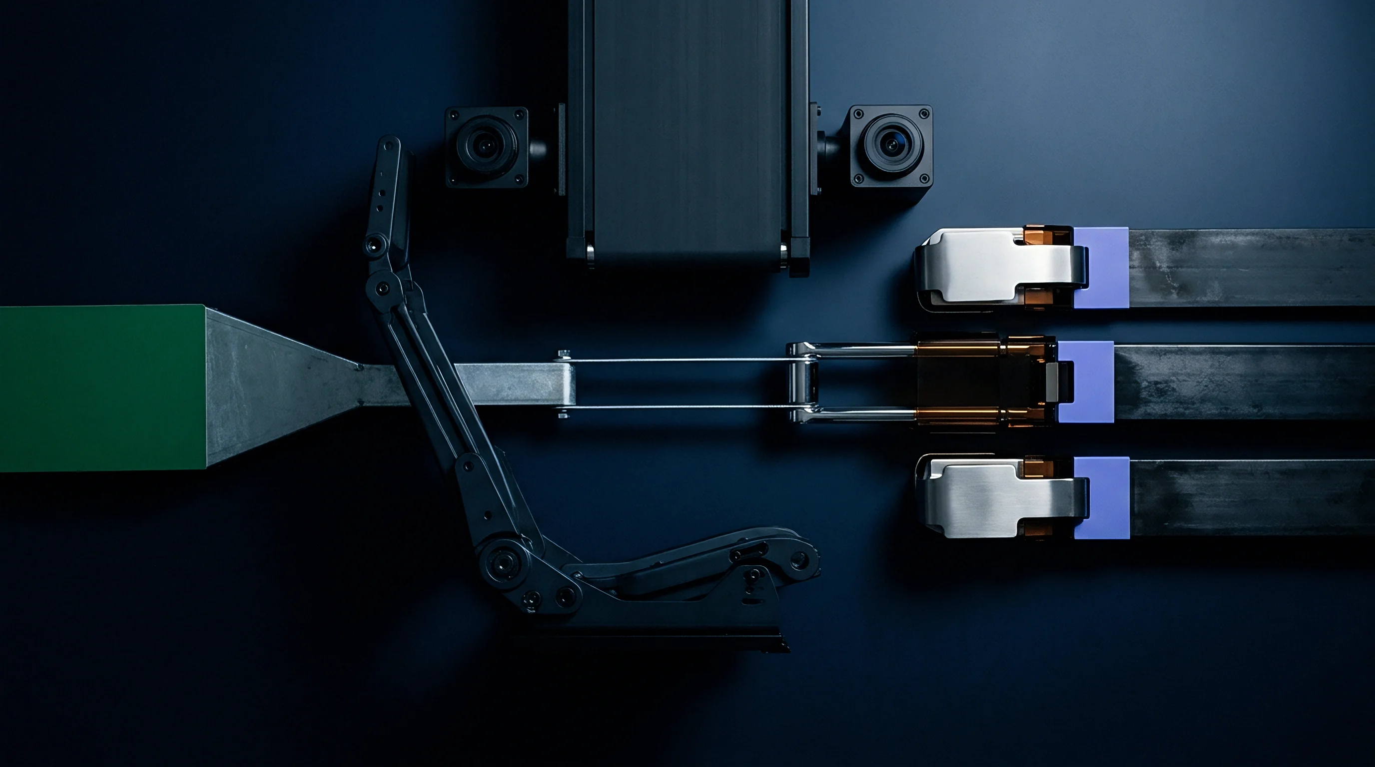 An overhead render shows a robotic manipulator arm integrated with optical sensors and linear actuators on an automated test platform.