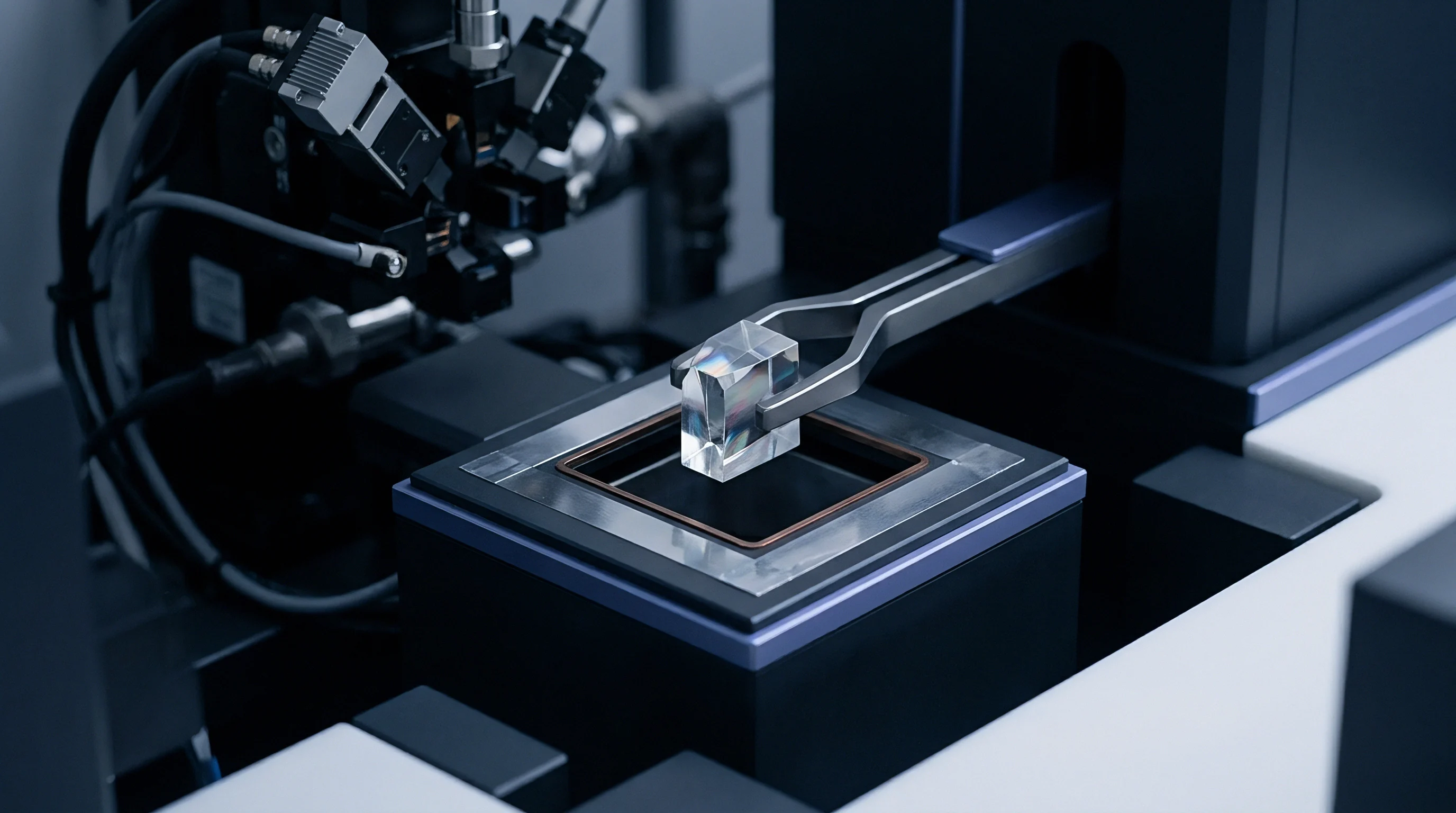A mechanical robotic arm positions a transparent optical crystal above a testing platform inside a calibration laboratory setting.