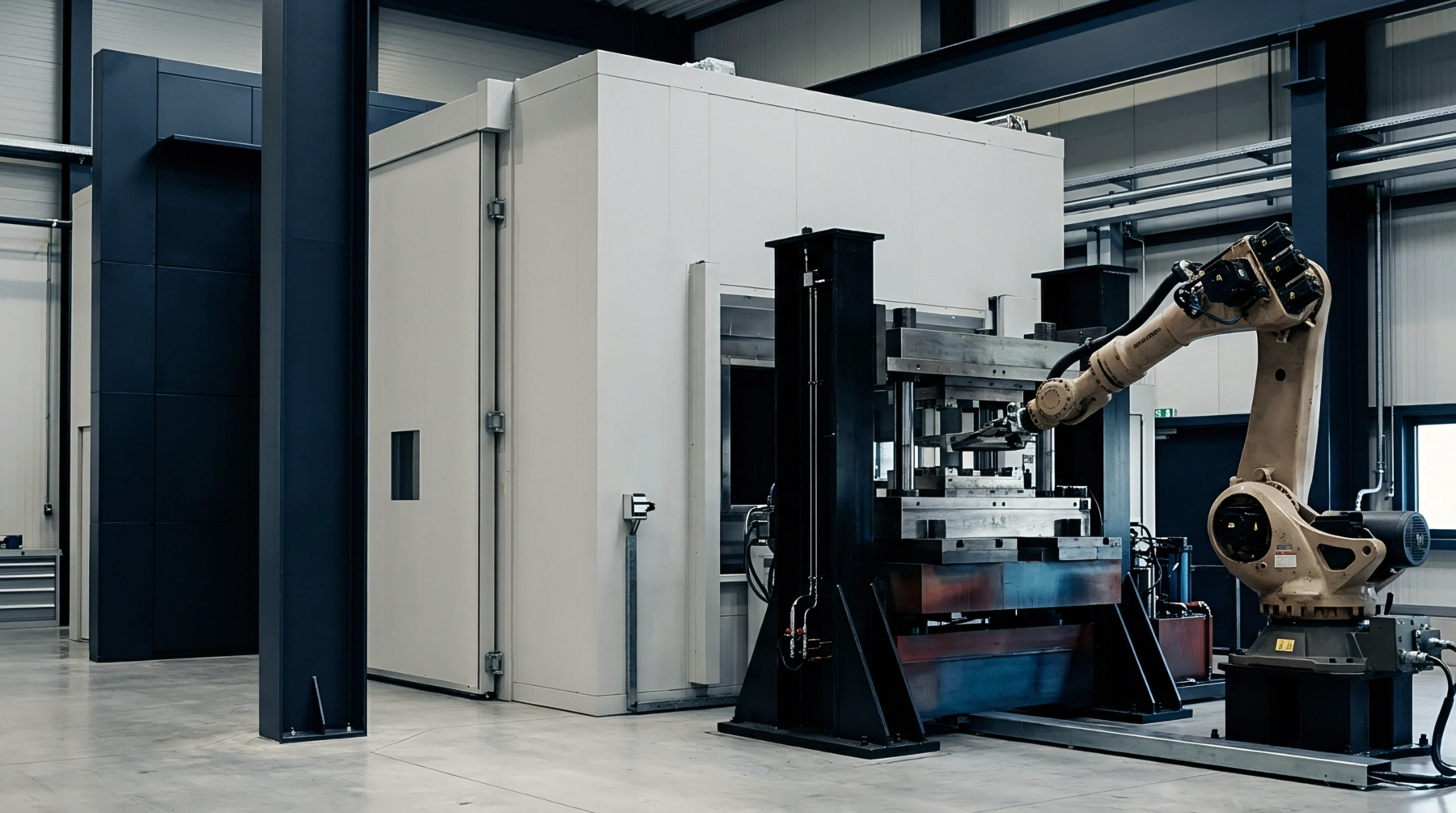 Industrial robotics handle assembly tasks inside a manufacturing facility containing modular enclosures and heavy steel structural columns on concrete flooring.