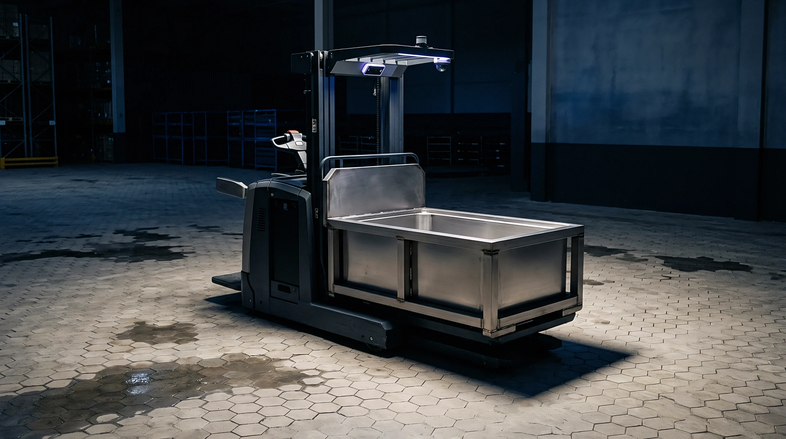 A stainless steel material handling robot equipped with overhead sensing arrays navigates a concrete warehouse floor.