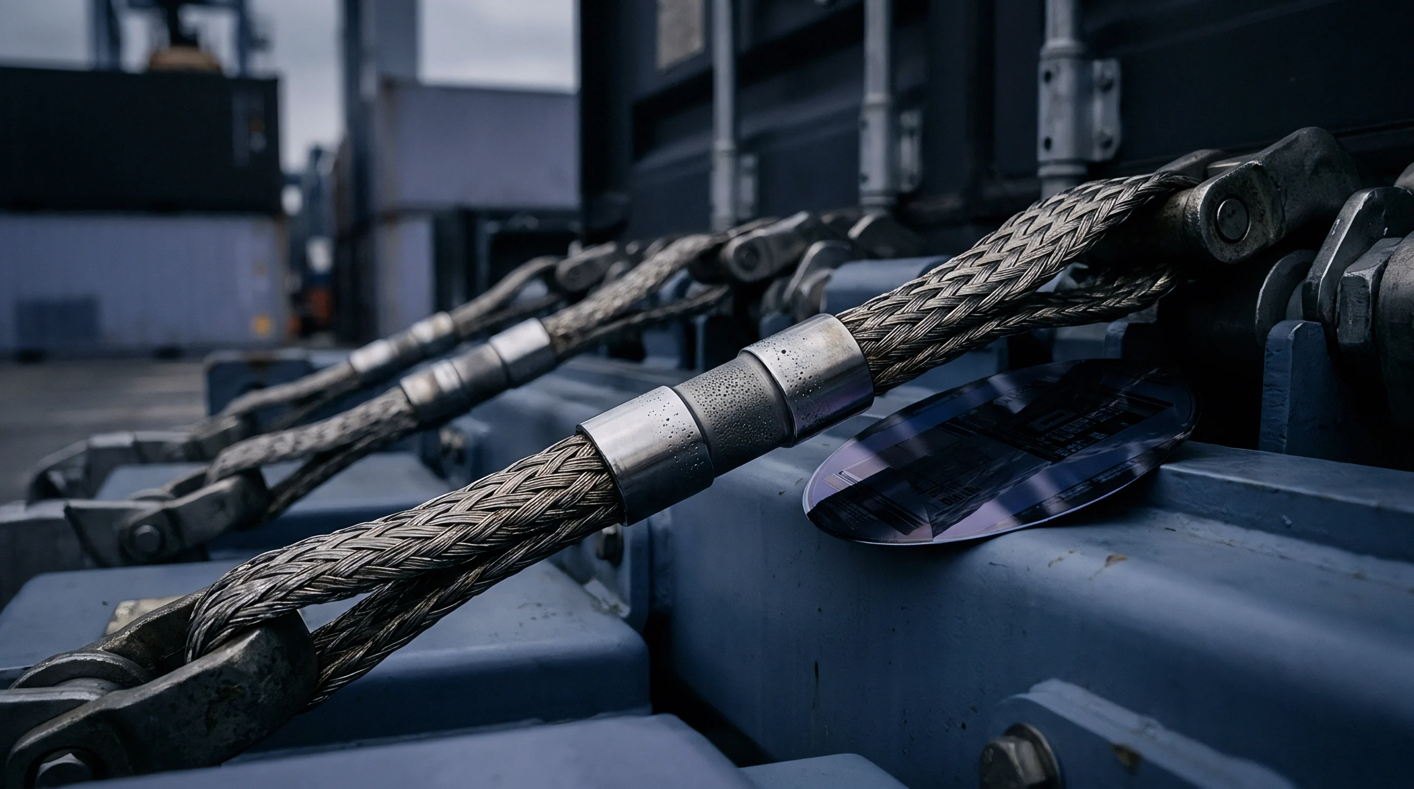 Braided conductive cabling secures heavy metal housing adjacent to a polished silicon wafer resting on the industrial equipment frame.