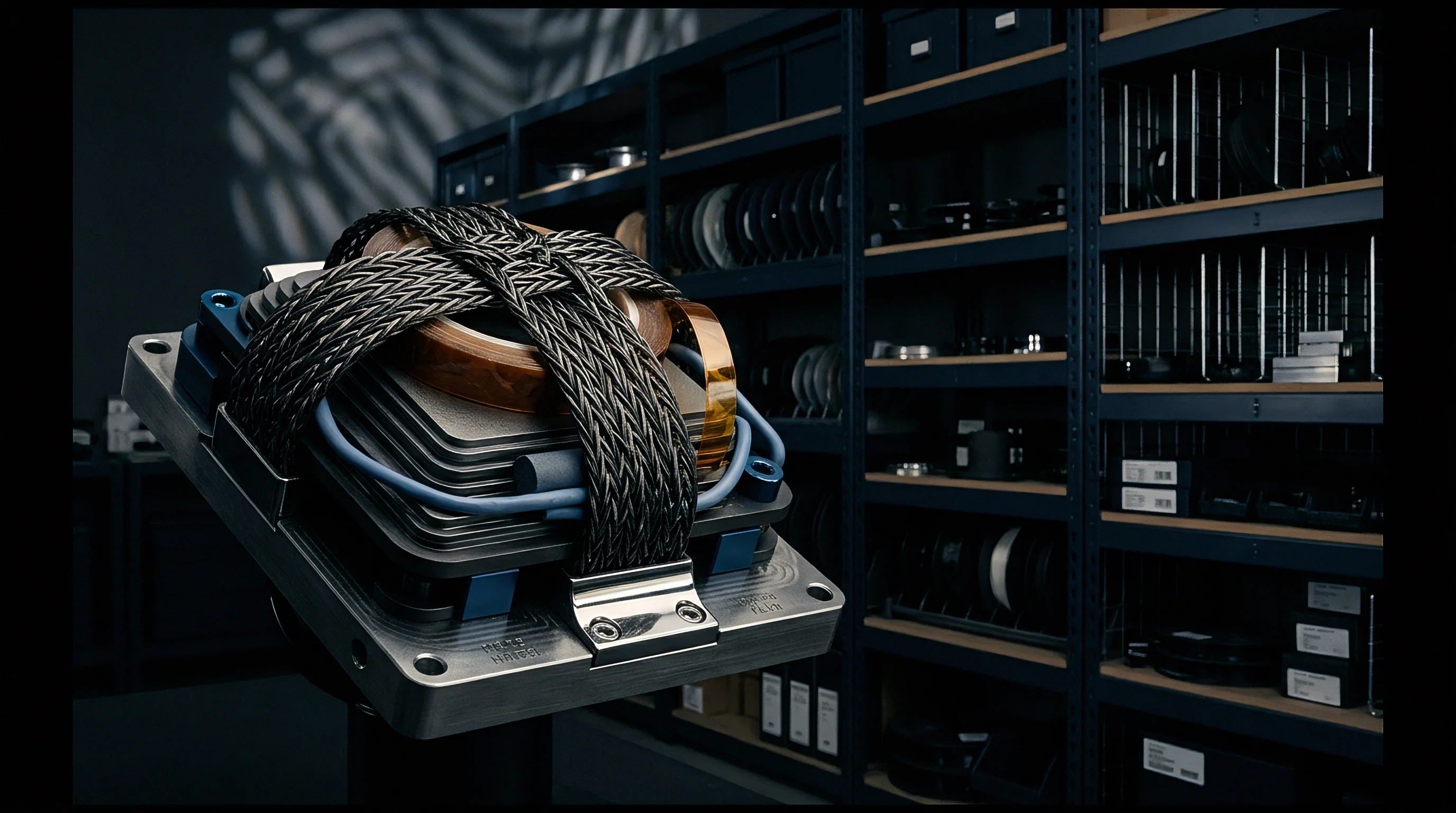 A multi layered sensor assembly wrapped in braided metal grounding straps sits on a mount in a component warehouse.