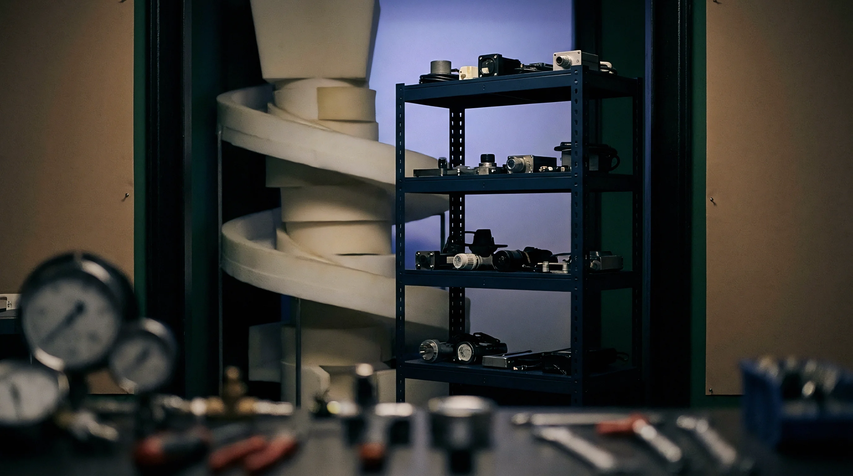 Multiple industrial sensors and electronic modules rest on metal shelves alongside various measurement tools and analog pressure gauges situated on a laboratory workbench.