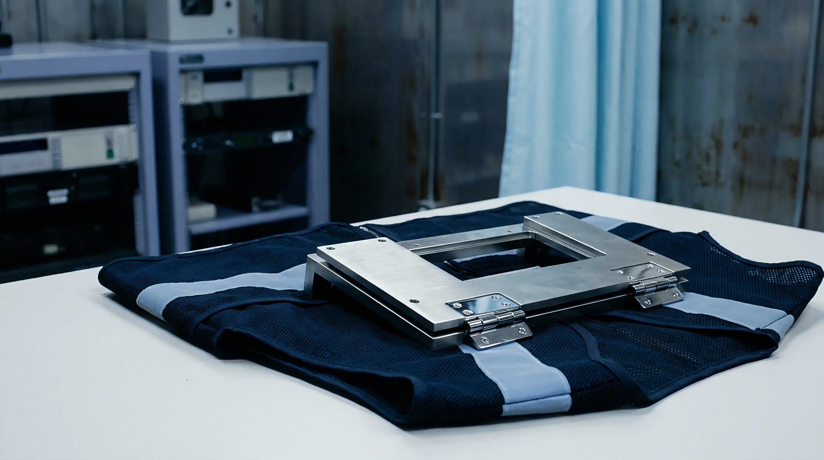 A metal mounting frame with hinges rests on a navy blue reflective safety vest on a white laboratory table.