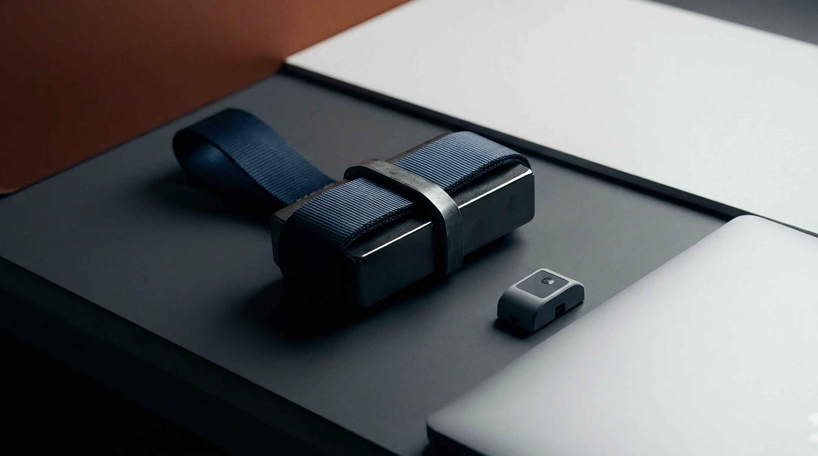 A black mounting block with a woven textile strap rests alongside a compact grey sensor module on a dark industrial work surface.