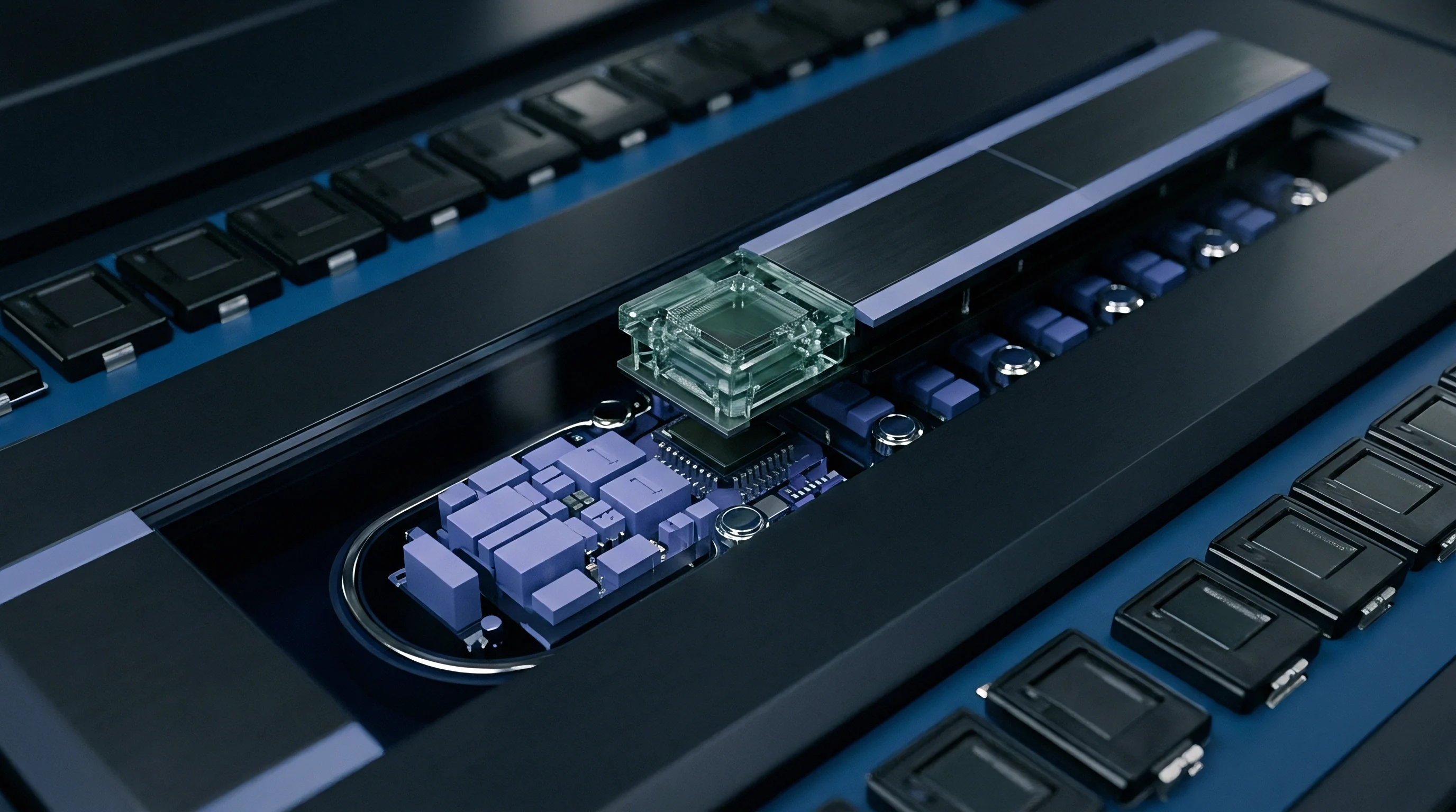 Computer generated illustration shows an optical sensor module integration stage featuring a transparent glass alignment fixture positioned above a purple printed circuit board.