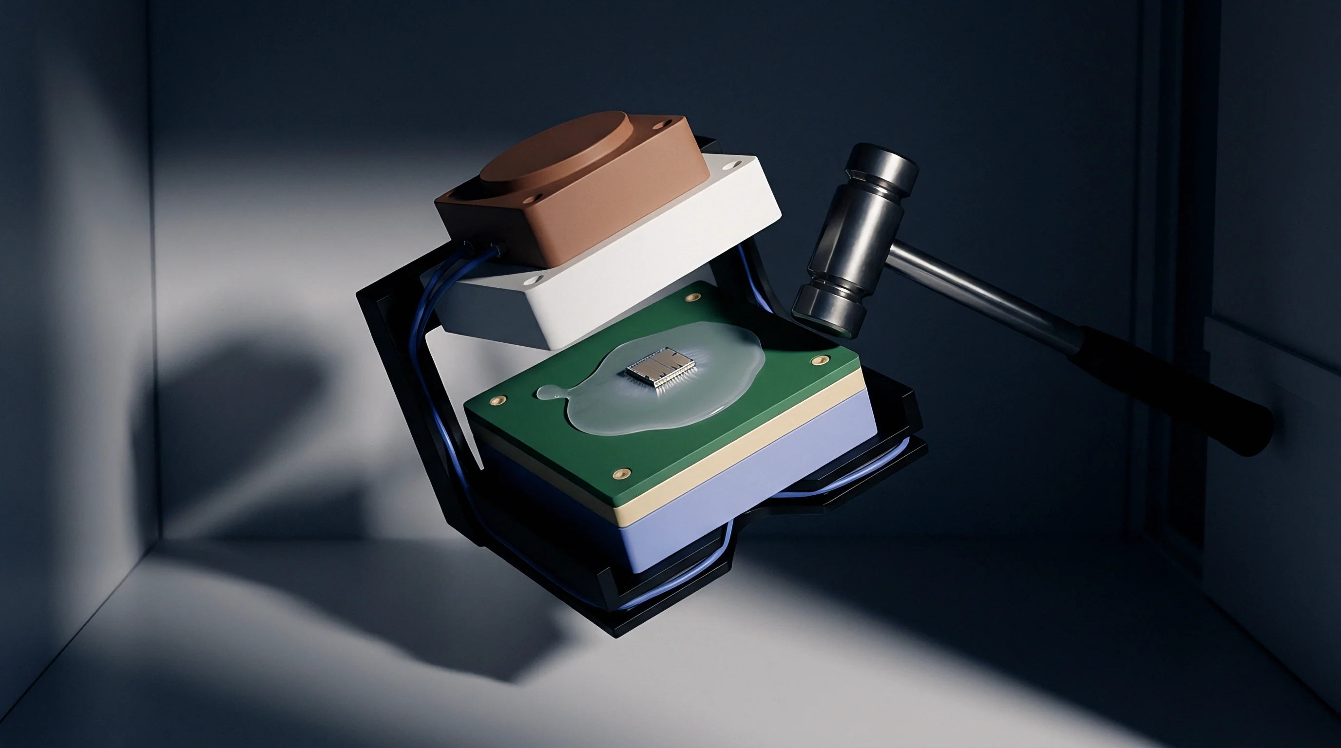 Digital render of a metallic hammer striking an encapsulated electronic sensor assembly secured inside a modular test fixture.