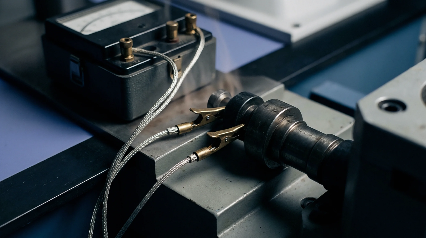 Silver braided test leads with alligator clips connect a vintage analog measurement meter to a metallic cylindrical shaft assembly.