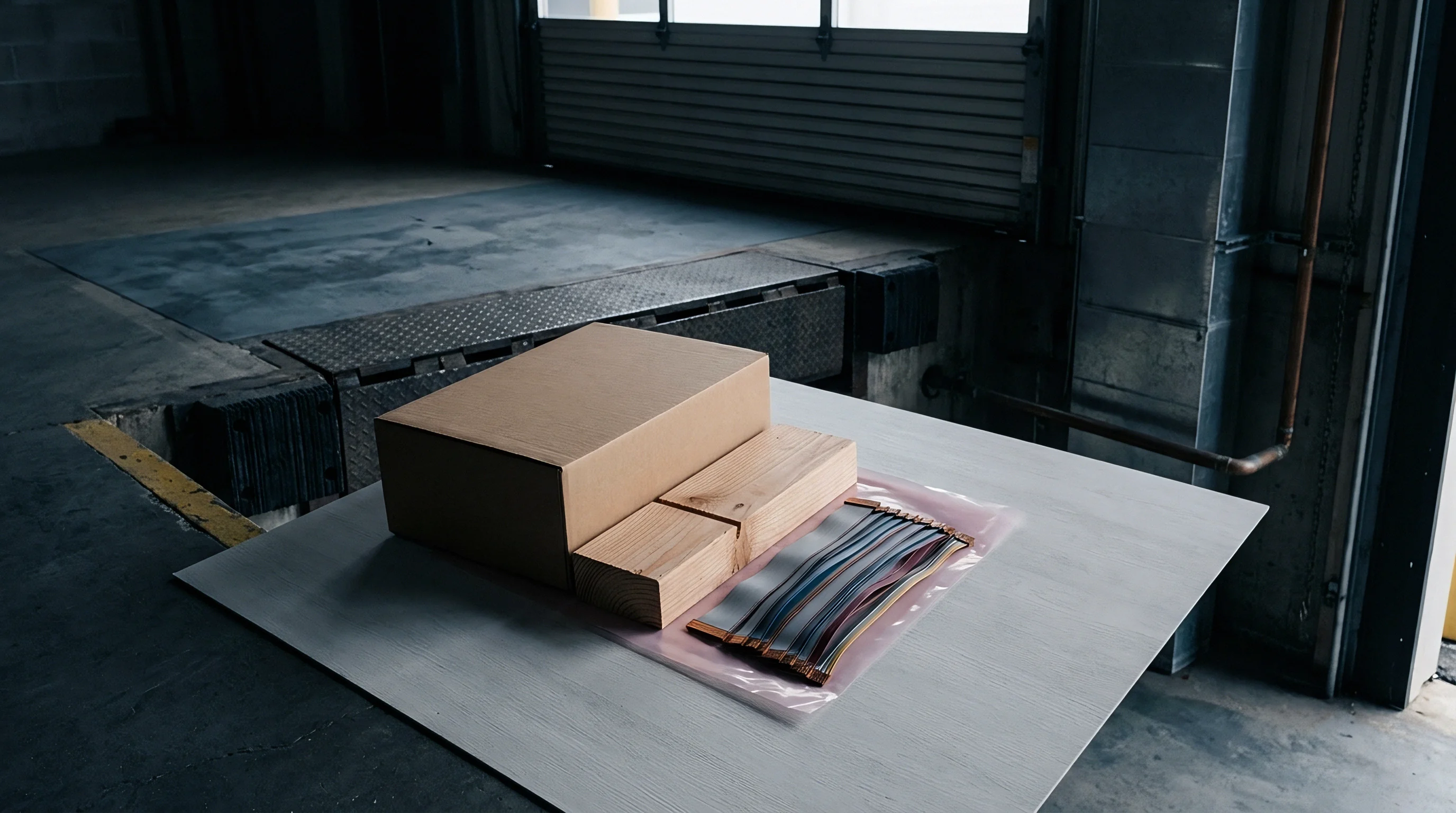 Cardboard shipping containers and machined wooden blocks accompany packaged ribbon cables on a workbench inside a warehouse loading bay.