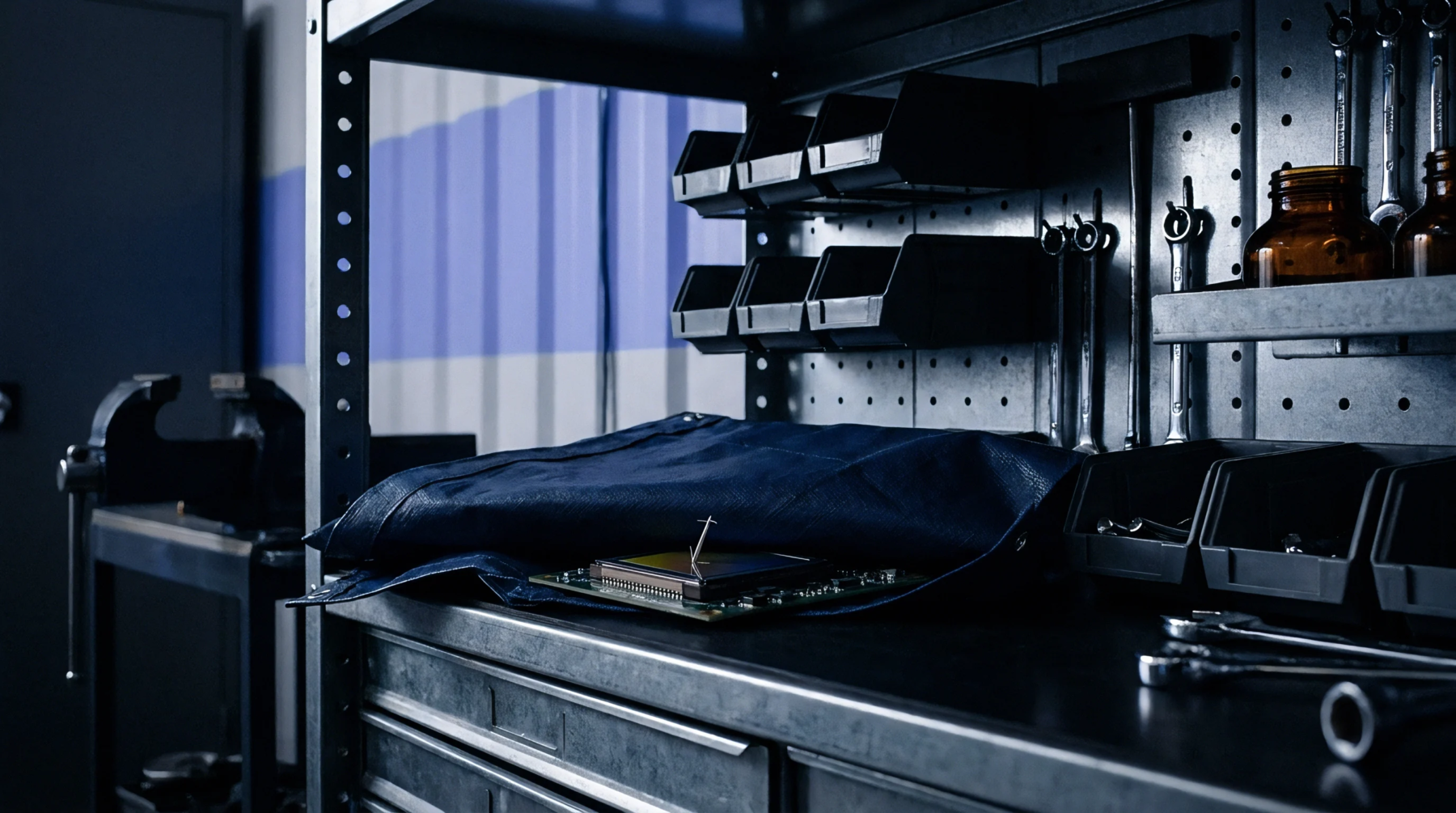 A dark blue fabric garment covers a populated circuit board resting on a metal workshop workbench beside storage bins and hand tools.