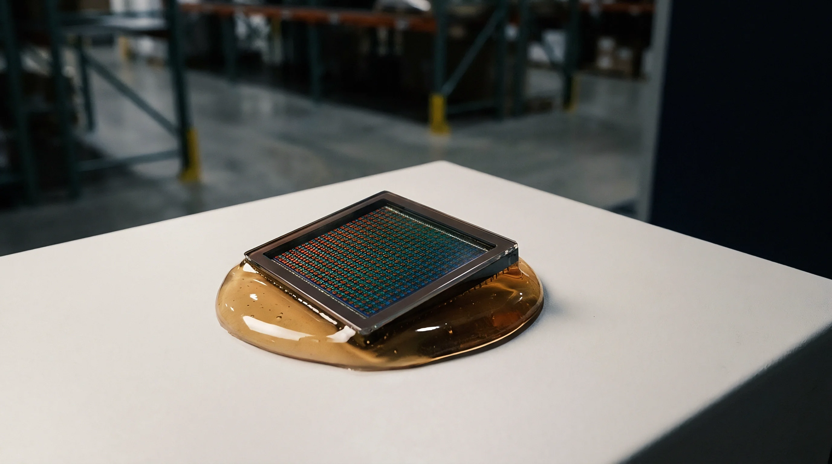 Silicon sensor module rests embedded within a cured resin disc upon a white manufacturing inspection table inside an industrial facility.