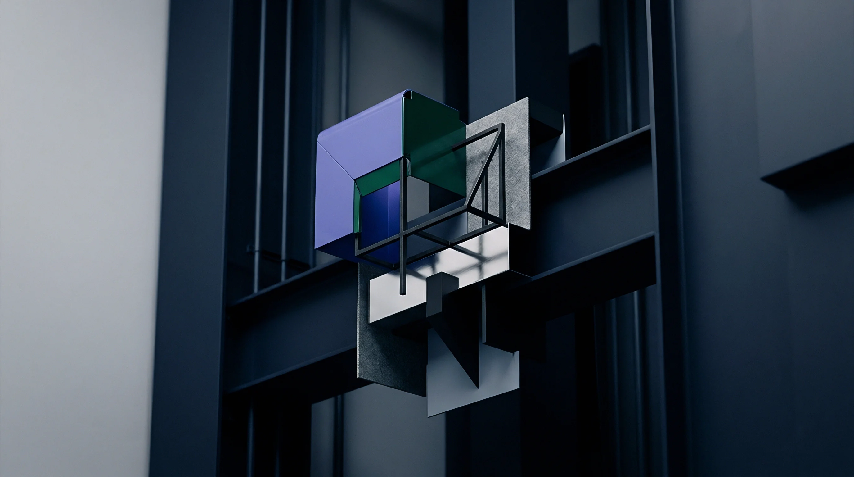 An abstract graphic render displays polyhedral and skeletal structures nested between orthogonal beams that form part of a modular sensor assembly framework.