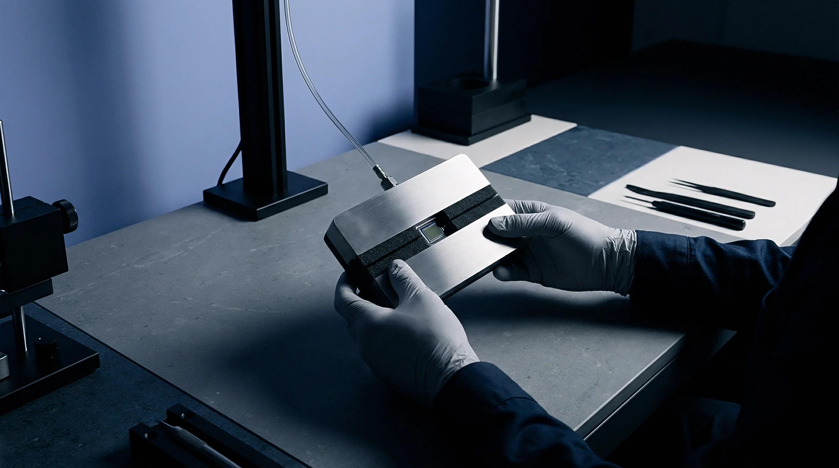 A gloved technician holds a metallic sensor enclosure above a grey work surface inside a precision measurement laboratory.