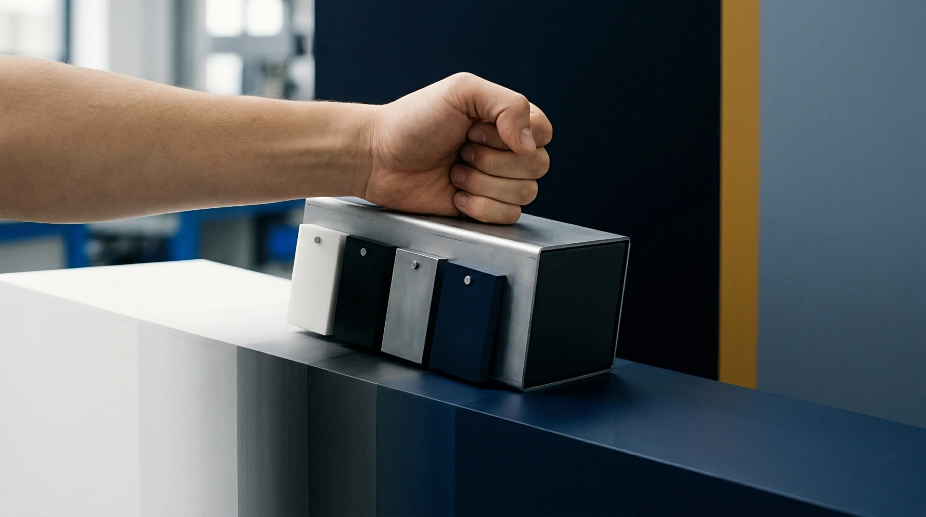 A technician calibrates a rectangular metallic color measurement sensor against multiple polymer and metal reference standards mounted on its side.