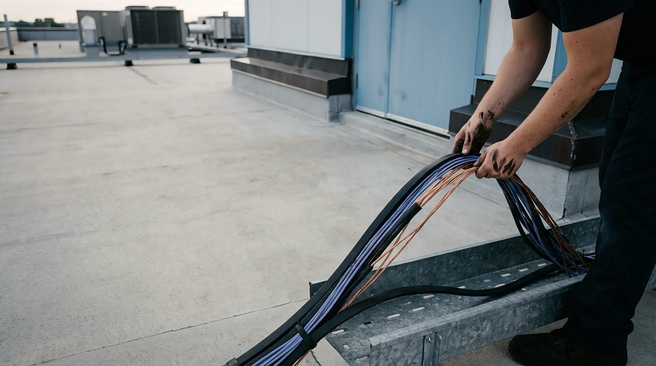 A technician wearing dark clothing manages a bundle of exposed copper conductors and blue insulated wires within a galvanized metal tray.