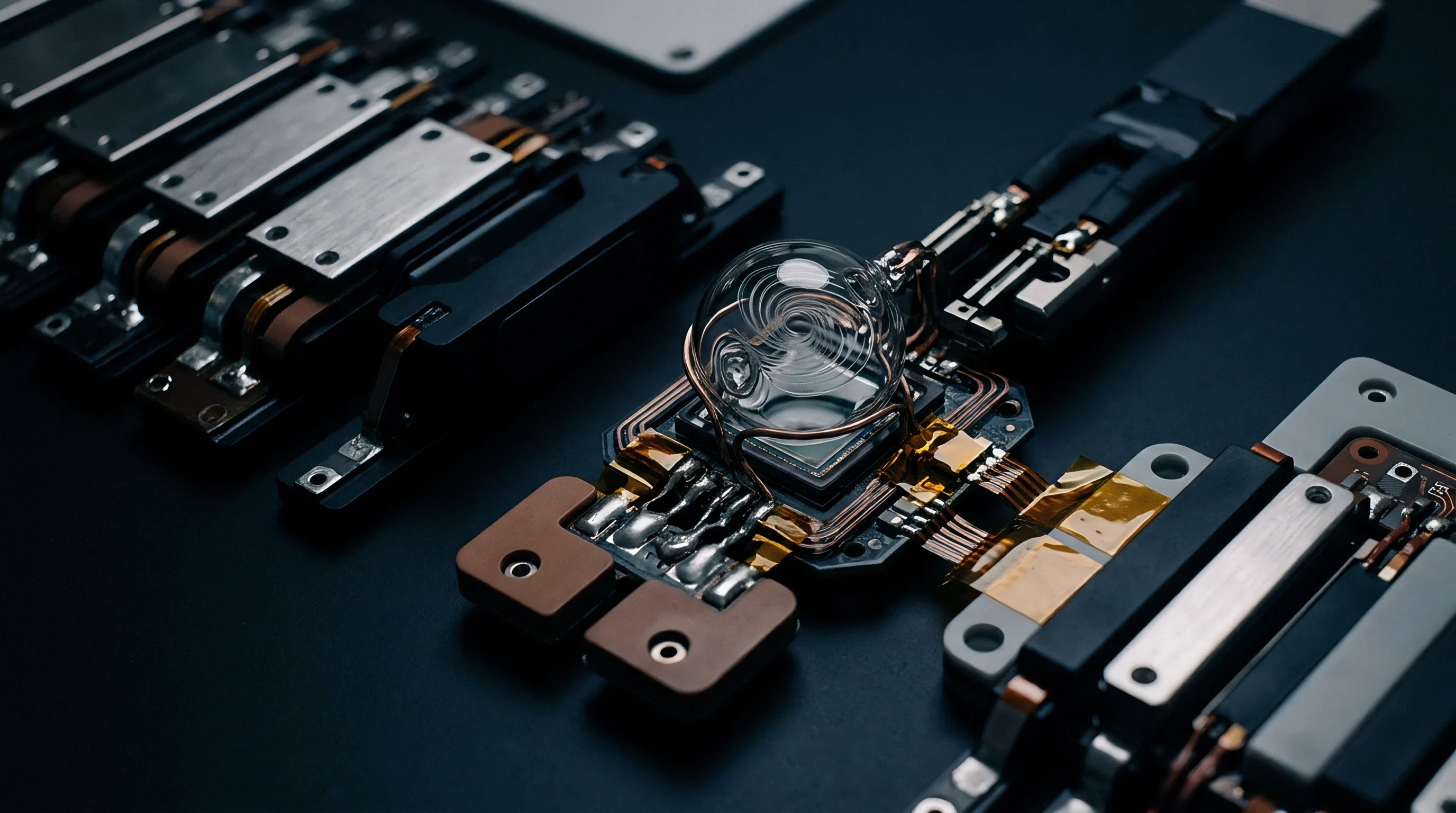 A complex arrangement of electronic components, including a clear spherical element, and flat flexible cables are precisely assembled on a dark surface.