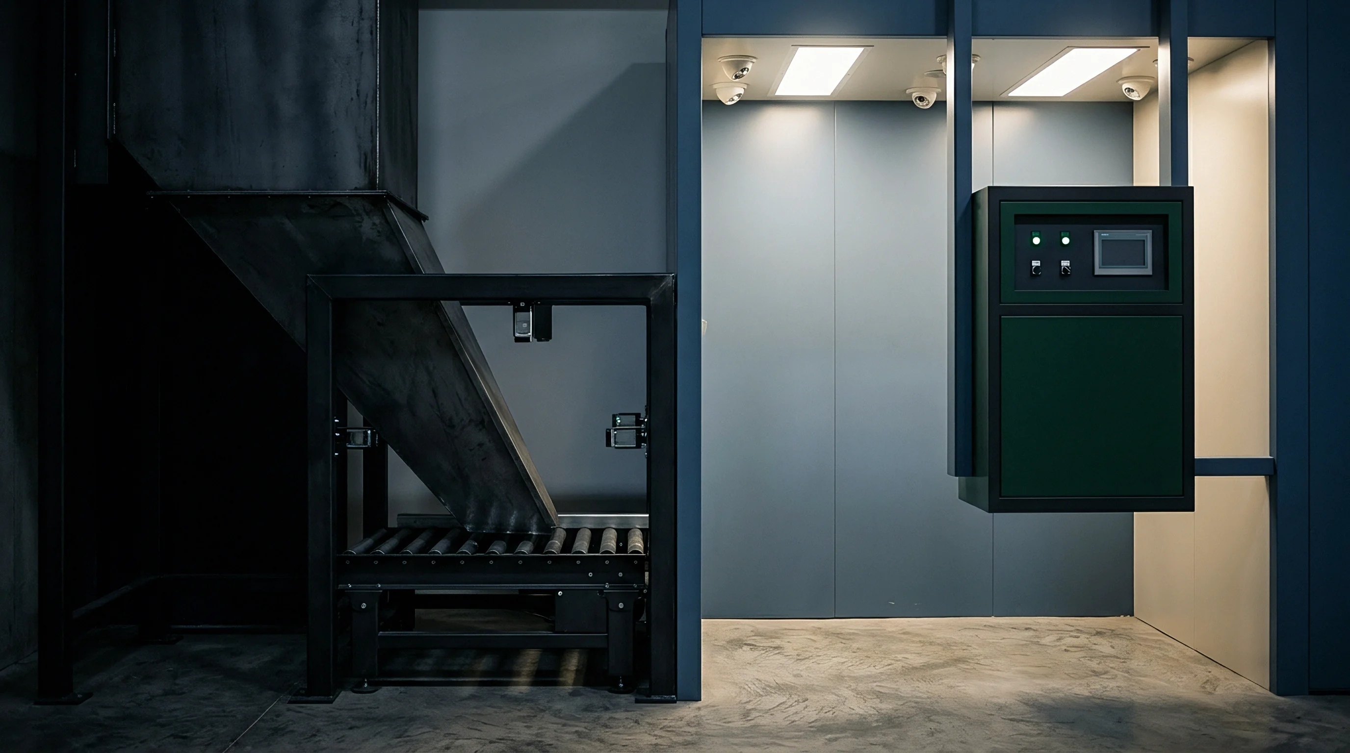 Industrial automated inspection station consists of a metal roller conveyor positioned below a chute and an adjacent control booth featuring integrated sensor arrays.