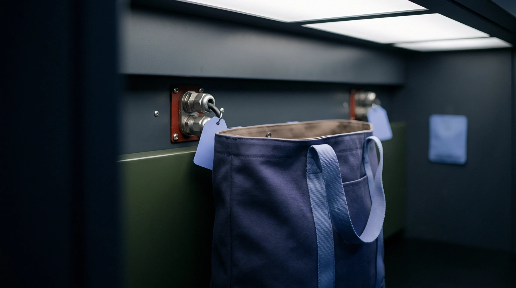 Blue fabric tote hangs from two industrial cable glands secured to a dark grey composite wall panel in an illuminated professional test environment.