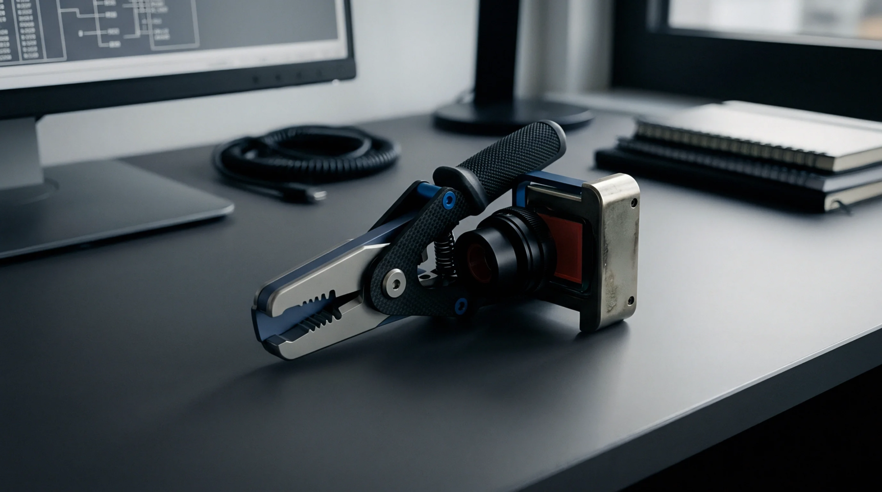 A specialized clamping fixture holding a precision optical sensor assembly rests on a flat desk surface beside digital schematic monitors and documentation notebooks.