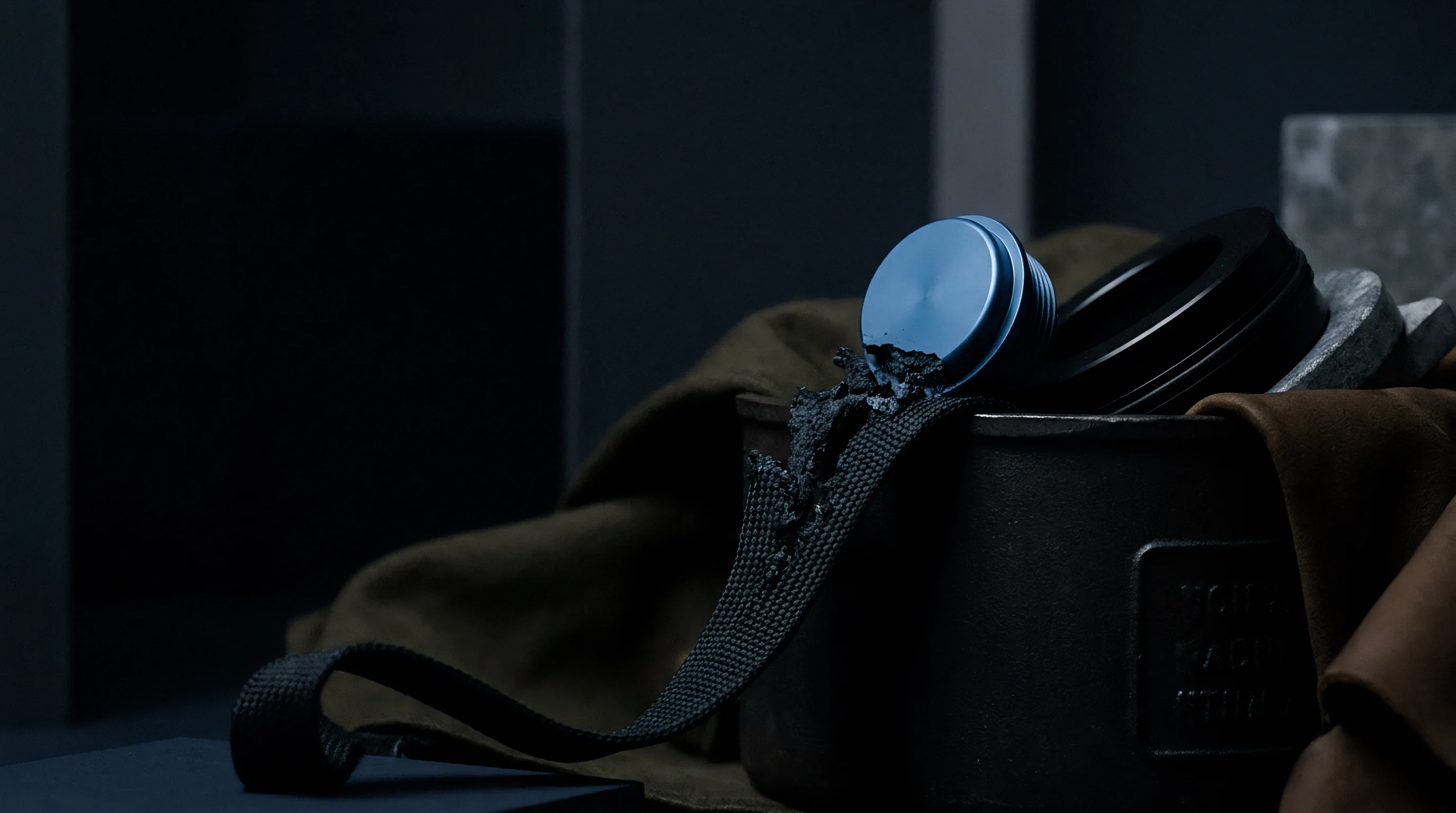 A dark cylindrical container holds a machined blue aluminum plug, a black rubber gasket, and textured debris amid industrial fabrics in a shadowy setting.