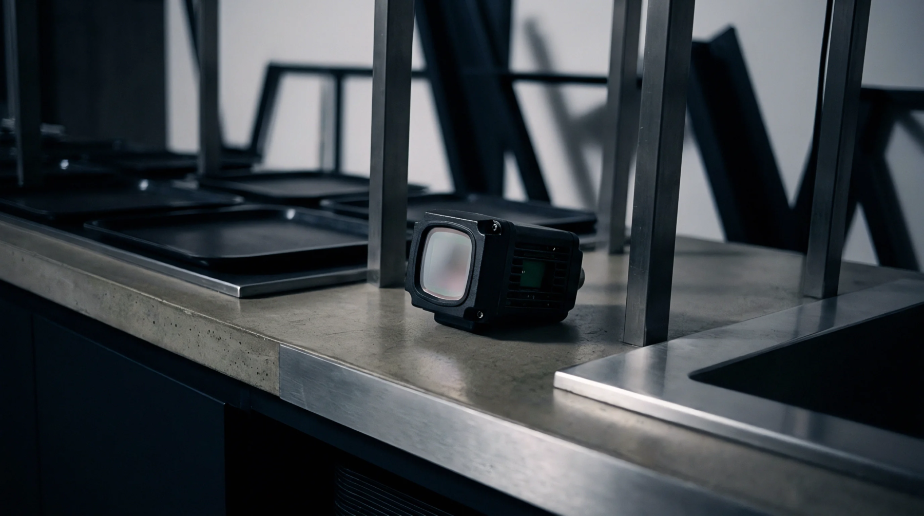 A compact black housing sensor with an integrated display panel rests on a polished gray industrial surface within a production environment.