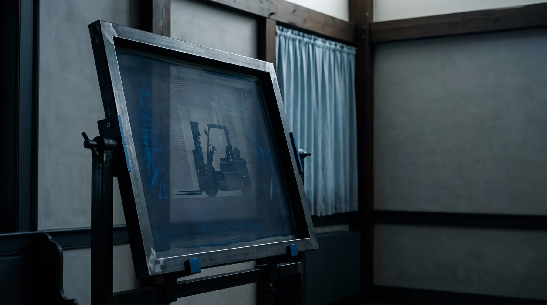 A metal frame secures a polymer mesh screen containing a graphic exposure mask in an industrial production room.