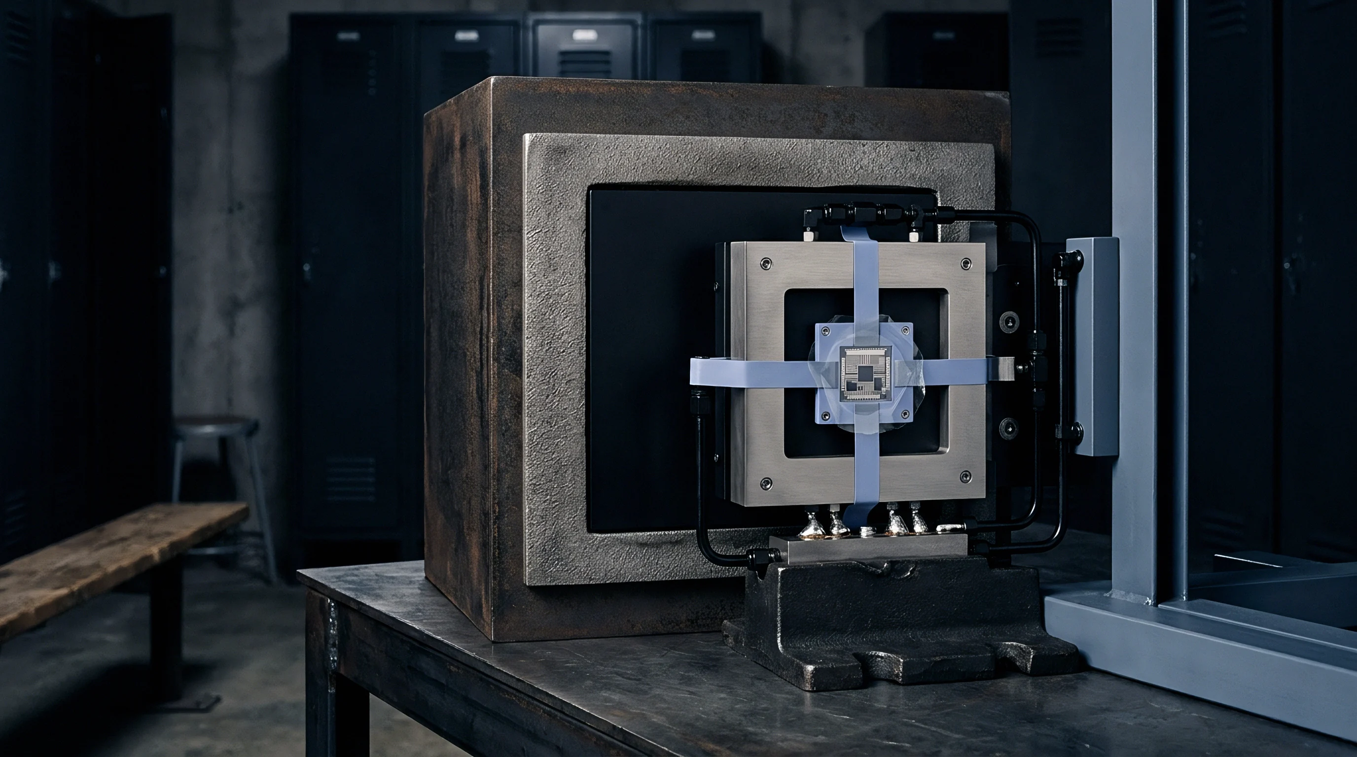 A microchip sensor mounts to a heavy steel block within a rigid metal frame secured by blue polymer strapping in an industrial laboratory setting.