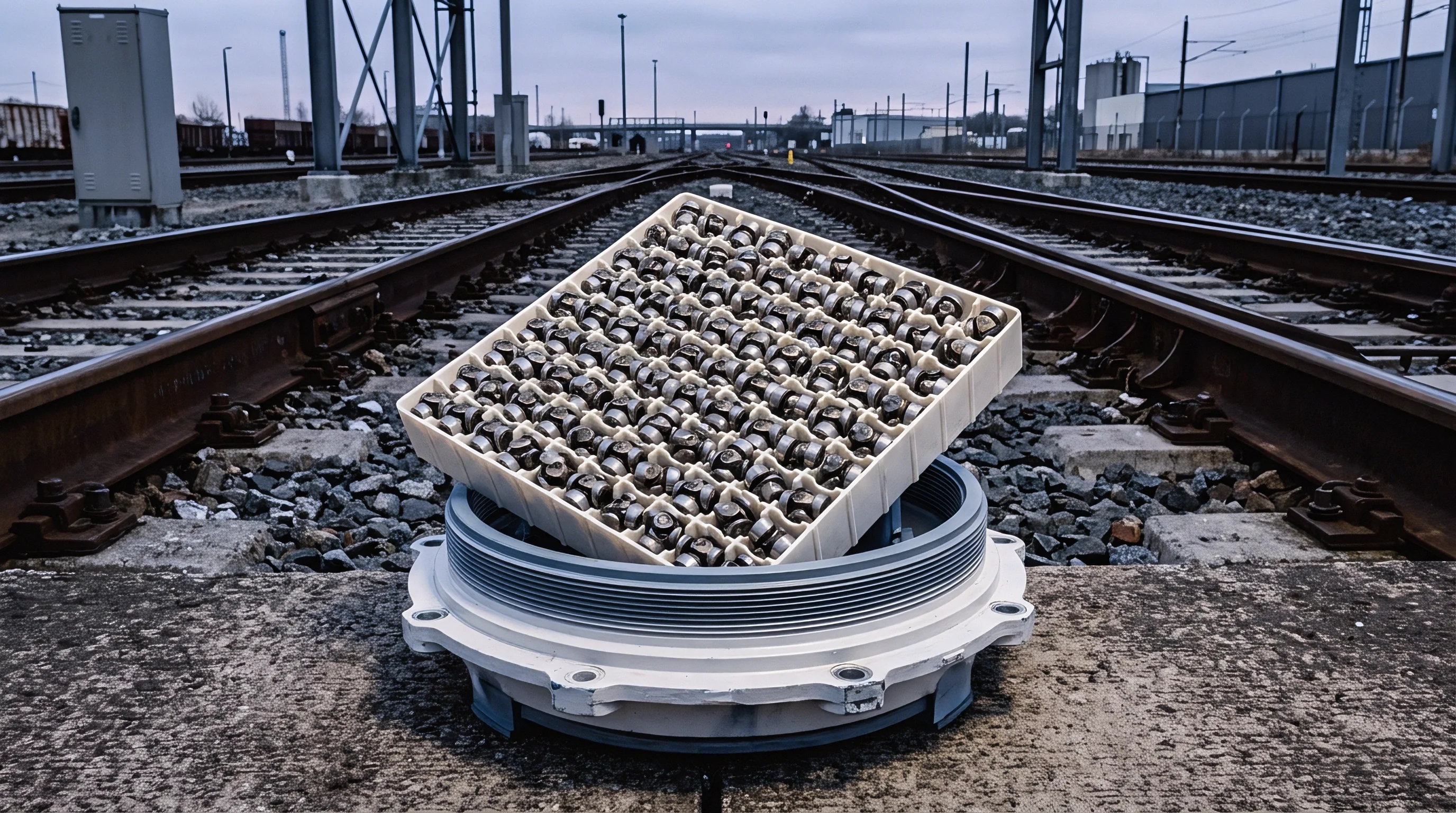 Stainless steel sensor components rest in a molded grid atop a heavy industrial housing between active railway tracks.