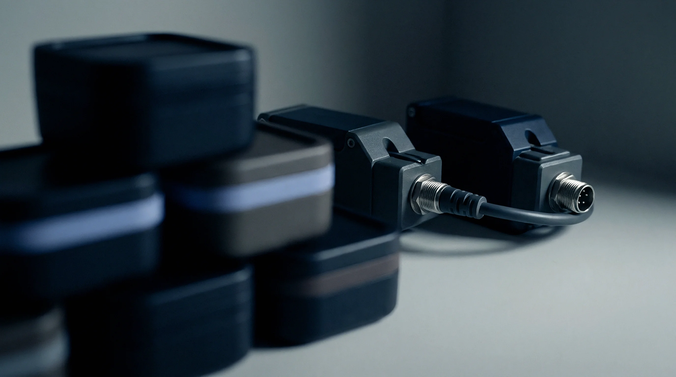 Matte black industrial sensor modules with illuminated strips are arranged on a surface next to two units linked by a circular multipin connector cable.