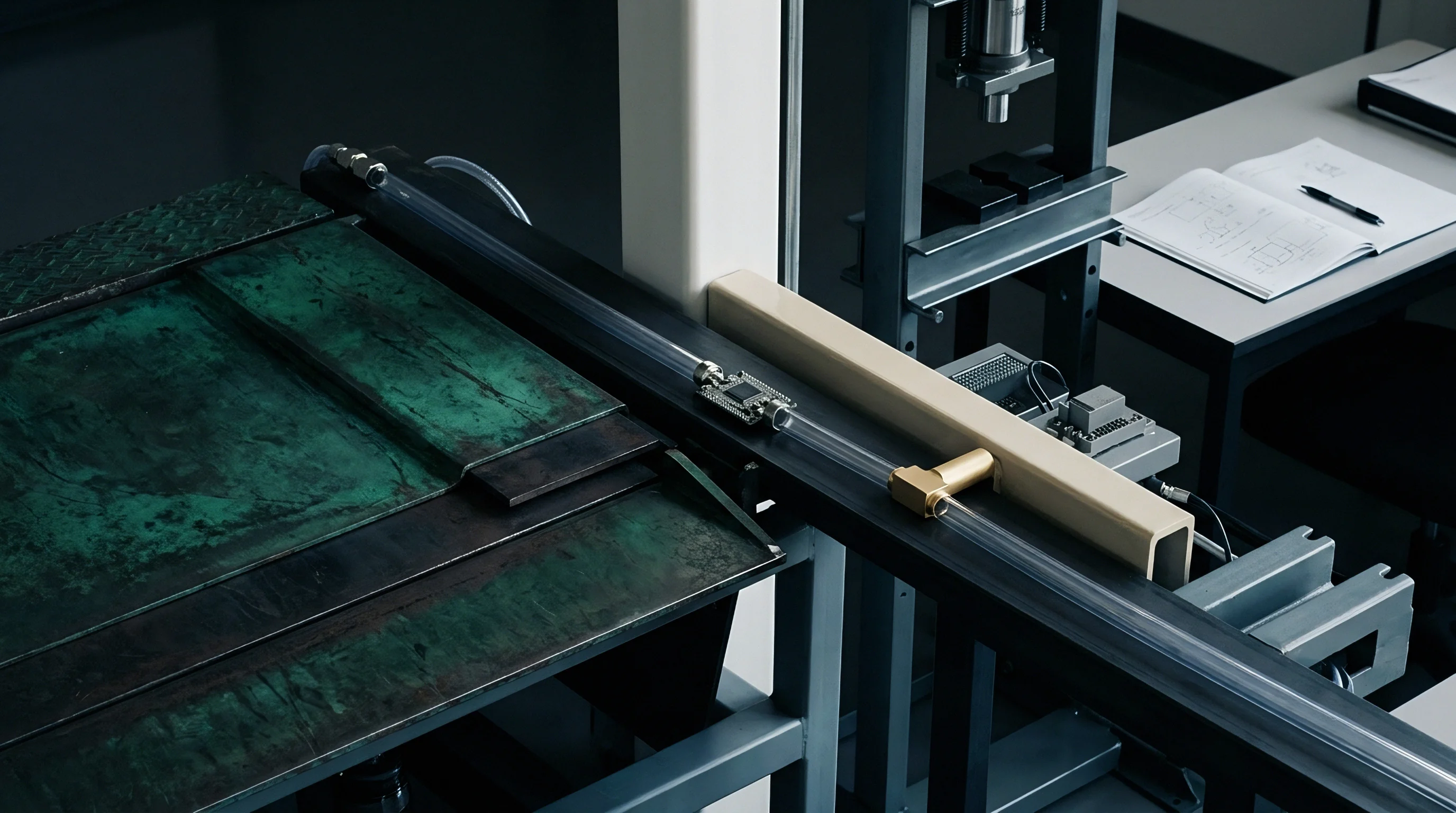 A small electronic sensing component rests inside a clear rigid tube positioned on a metal industrial workbench beside manual assembly equipment.