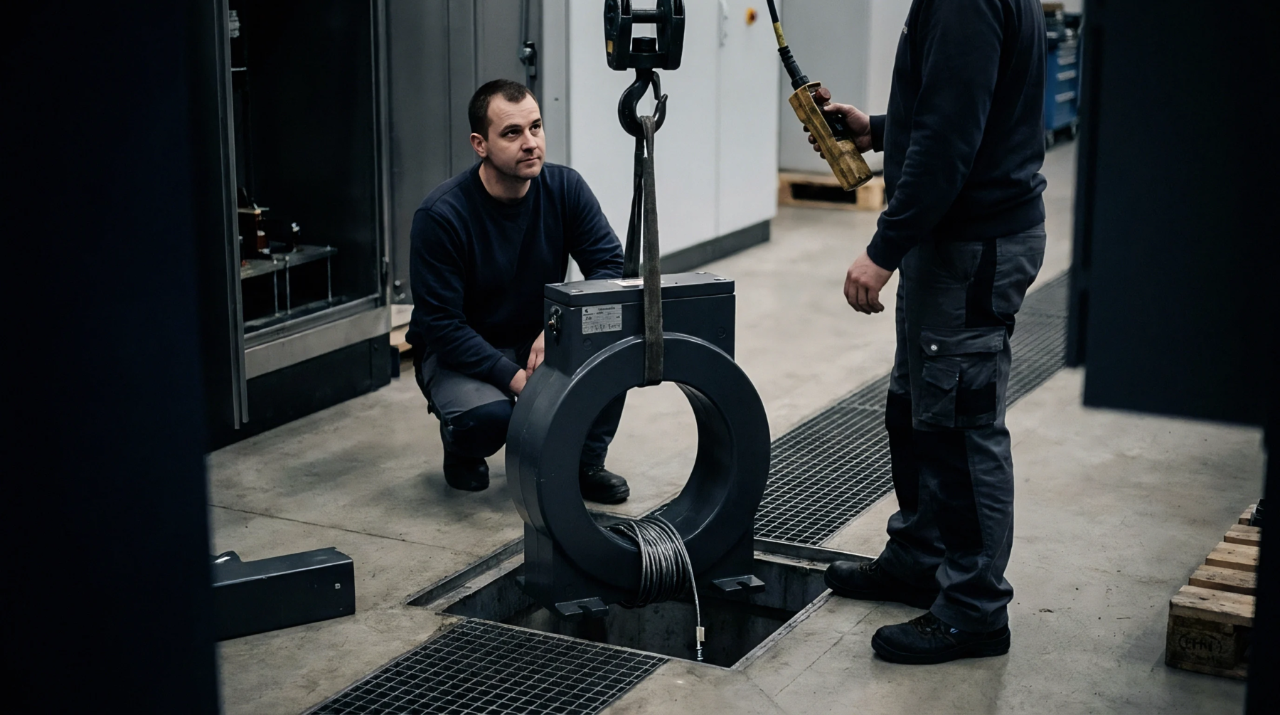 Two industrial technicians in a workshop deploy a large toroidal current sensor using a suspended hook over a floor hatch.