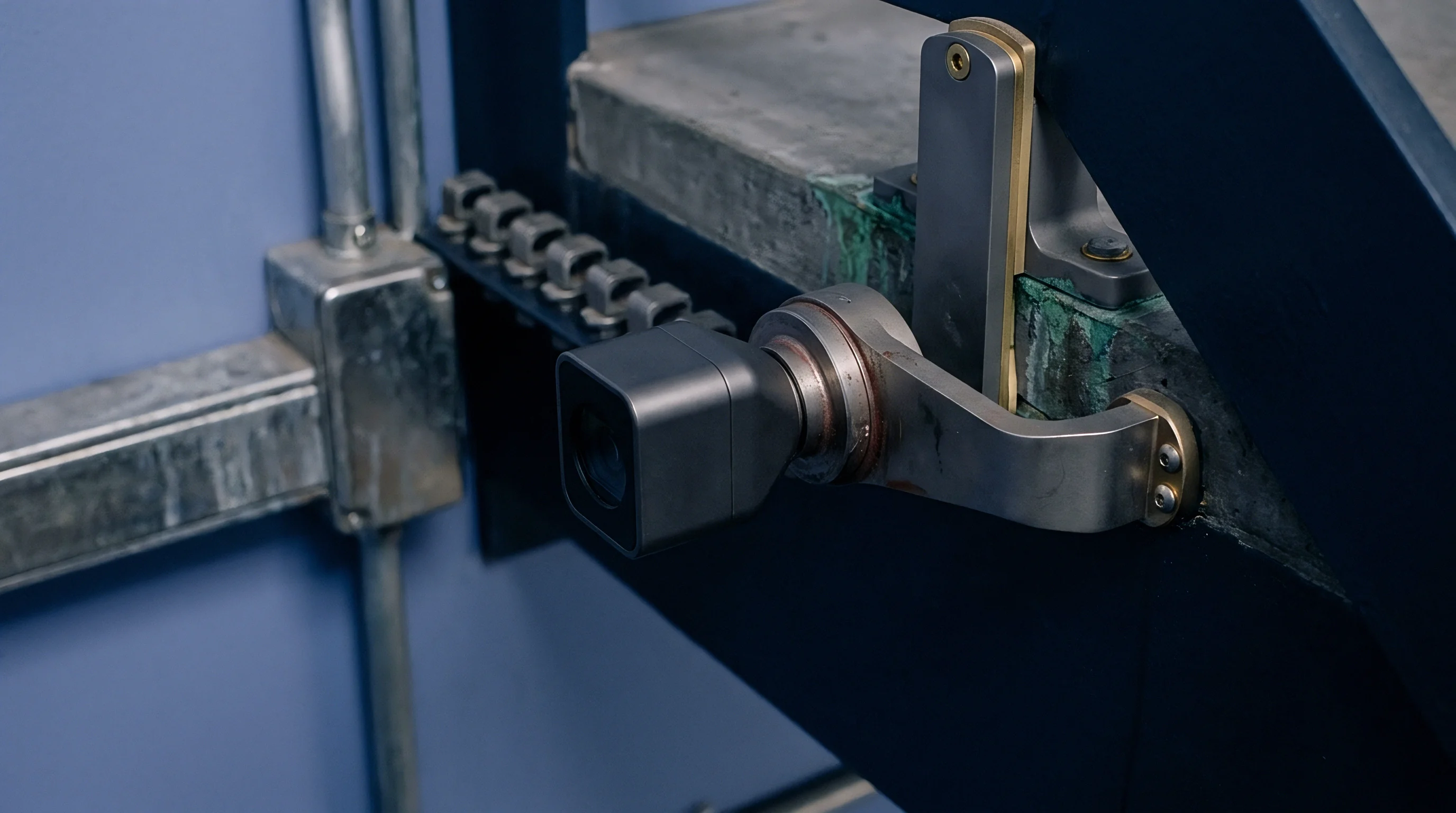 An industrial digital sensor housing attaches to a heavy metal bracket mounted securely onto a thick steel structural frame.