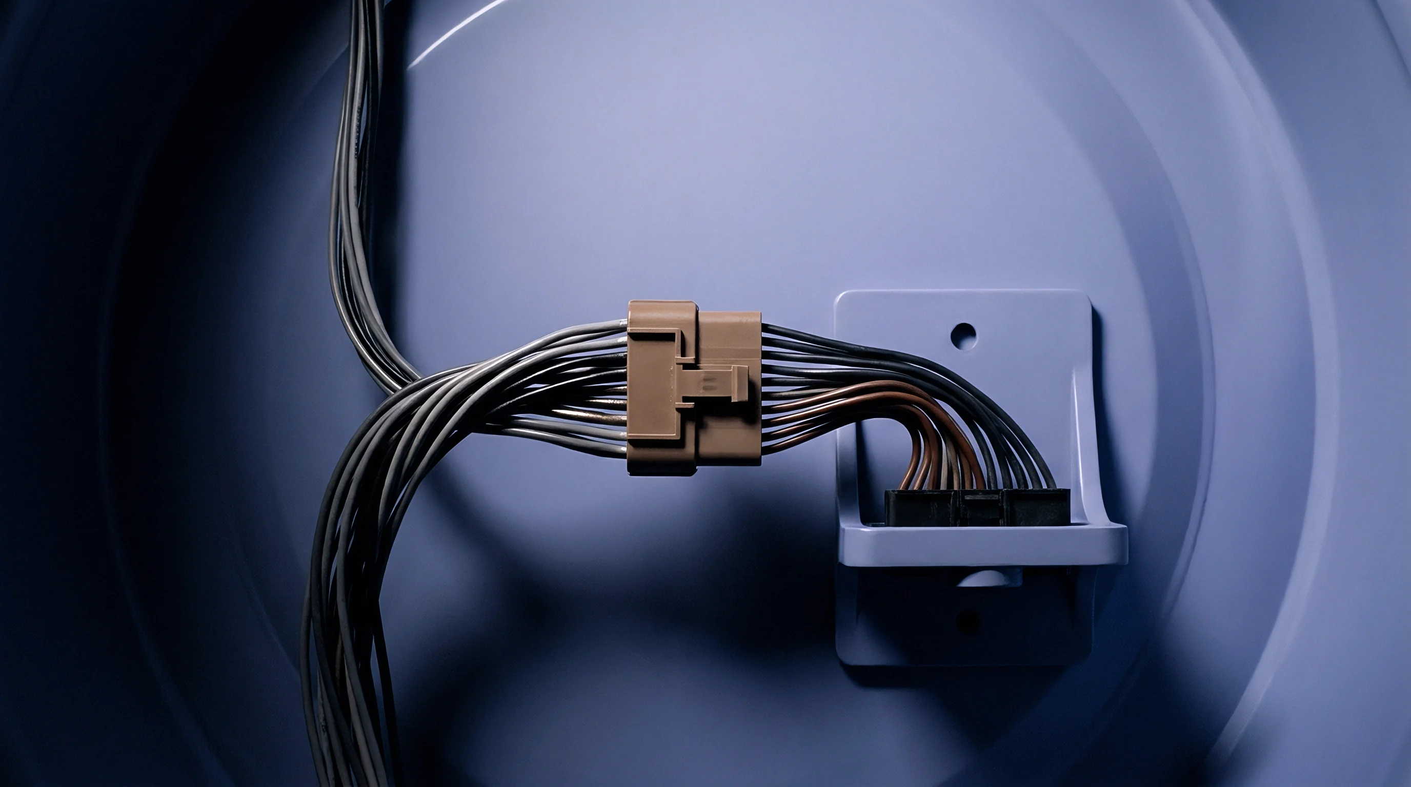 A bundle of multi-colored electrical wires connects via a brown plastic connector to a white mounting bracket attached to a curved blue surface.