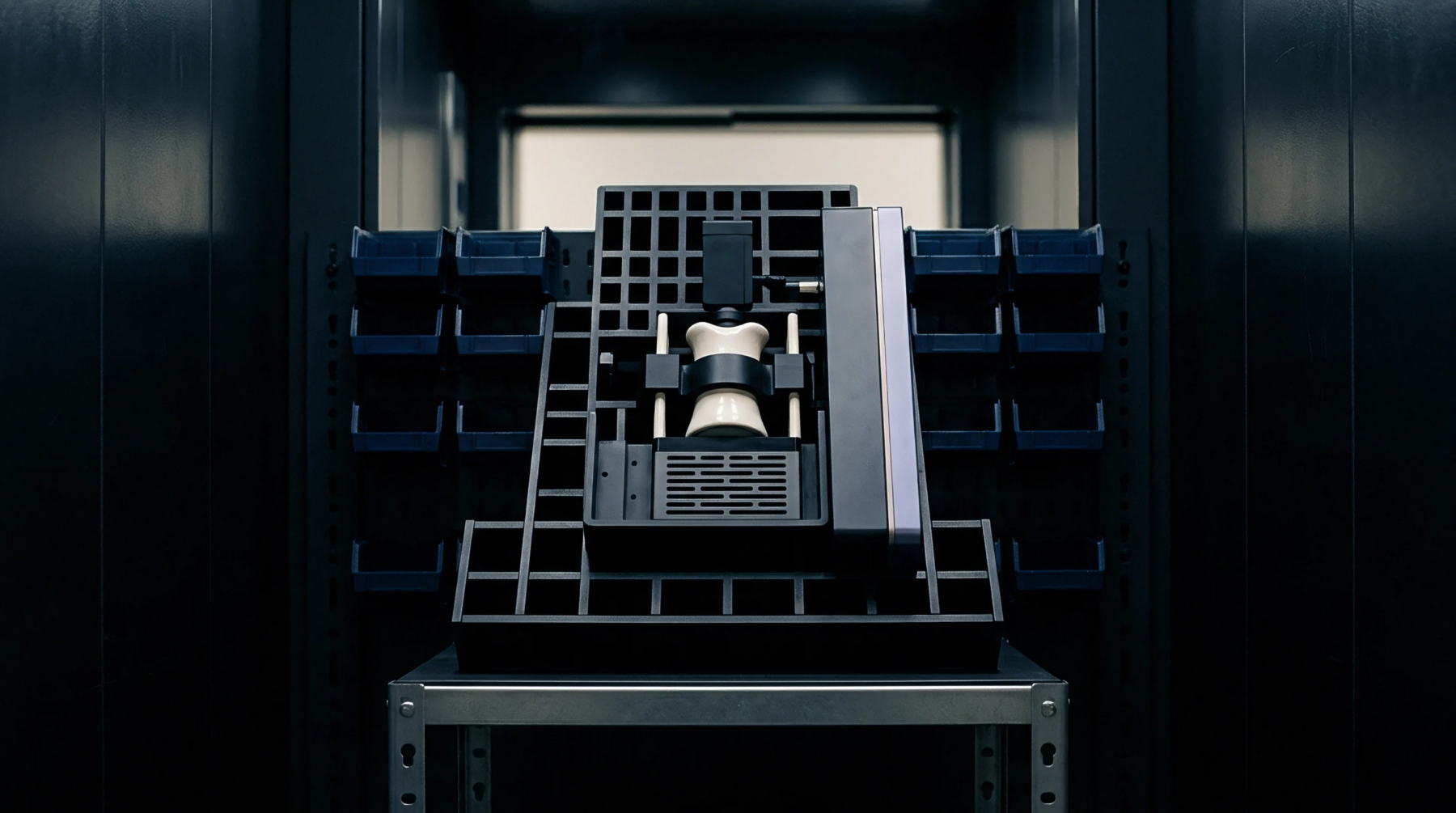 An optical measurement assembly sits on a black modular grid surrounded by components bins inside a dark industrial cabinet on metal legs.