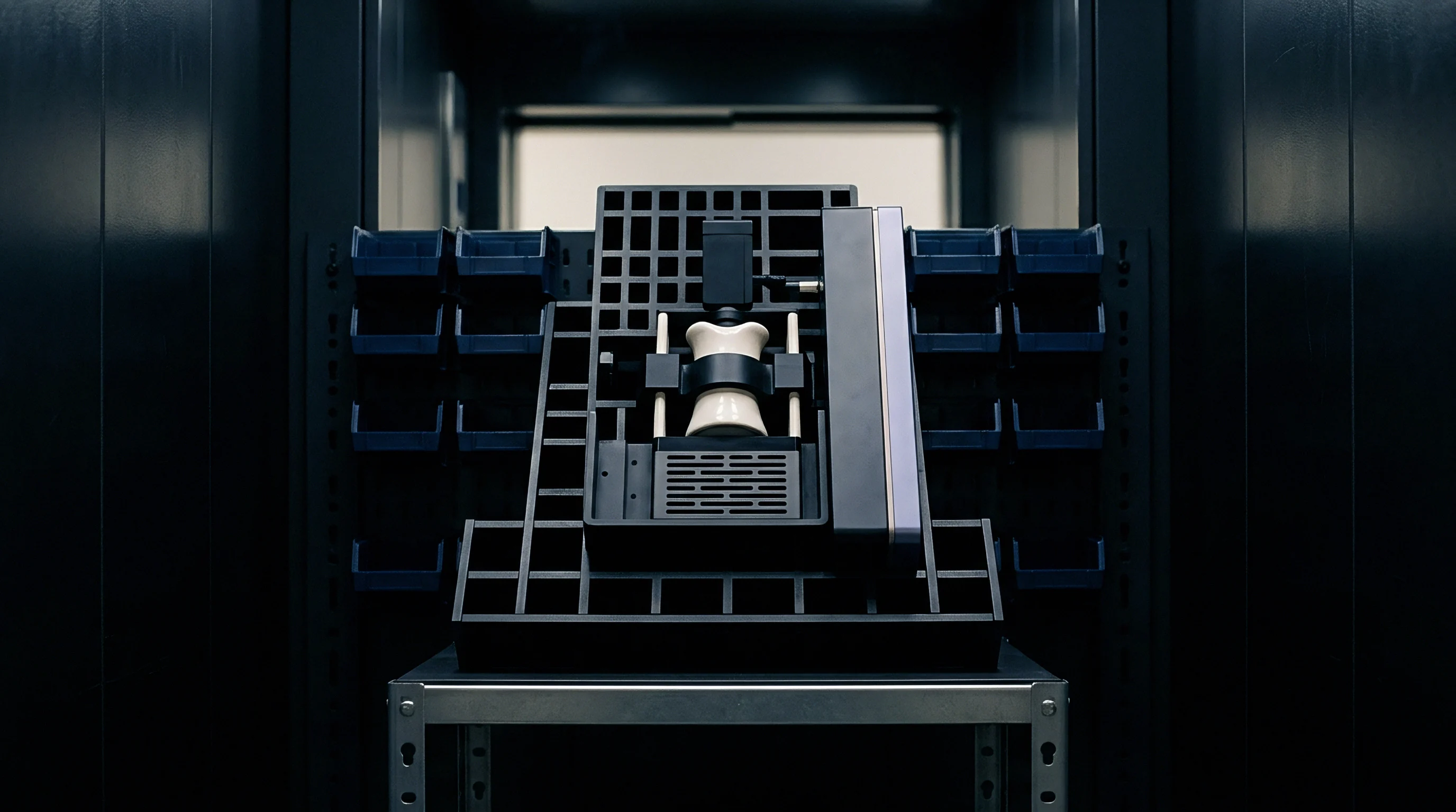 An optical measurement assembly sits on a black modular grid surrounded by components bins inside a dark industrial cabinet on metal legs.