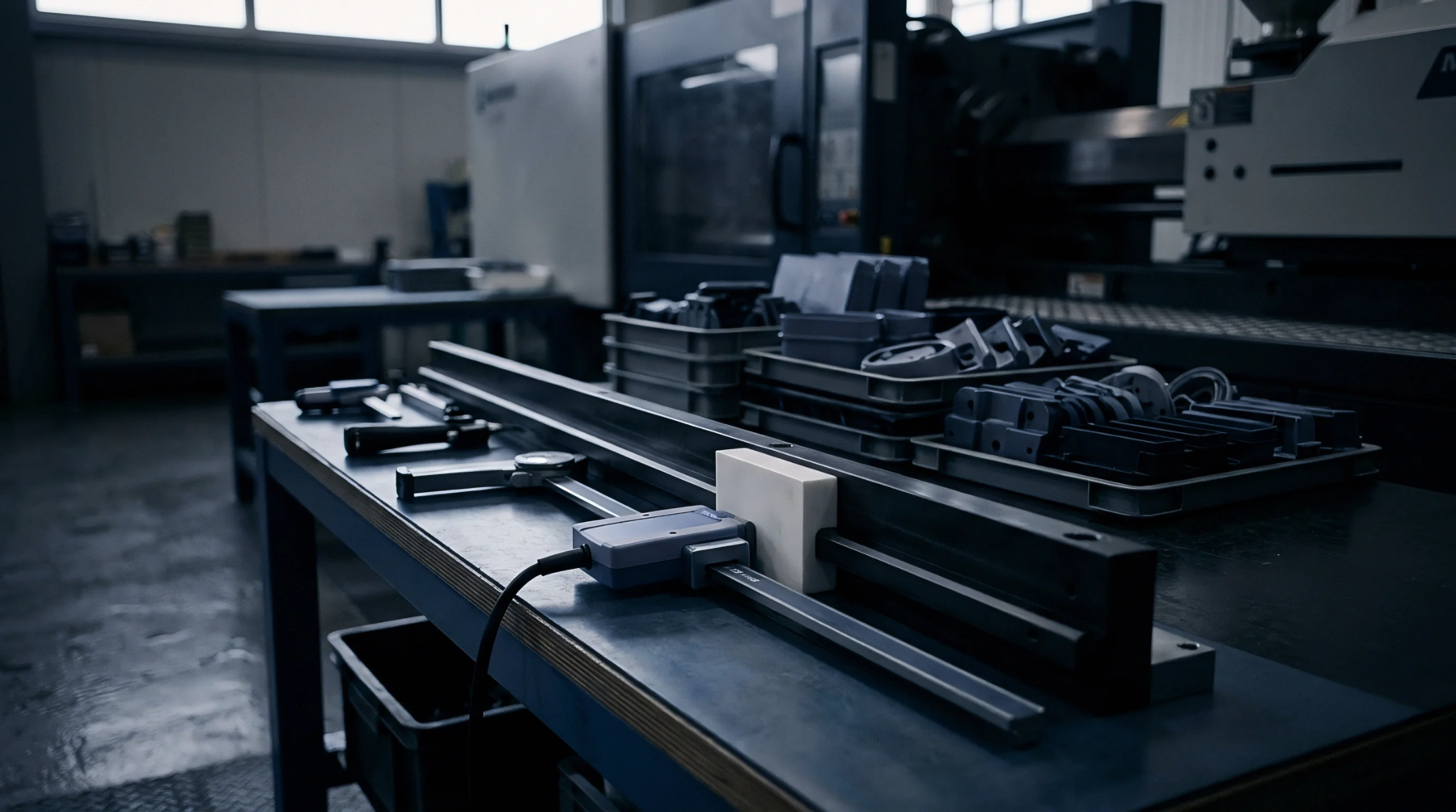 Industrial linear sensor assembly rests on a steel measurement workbench alongside a white calibration block and trays of molded components.