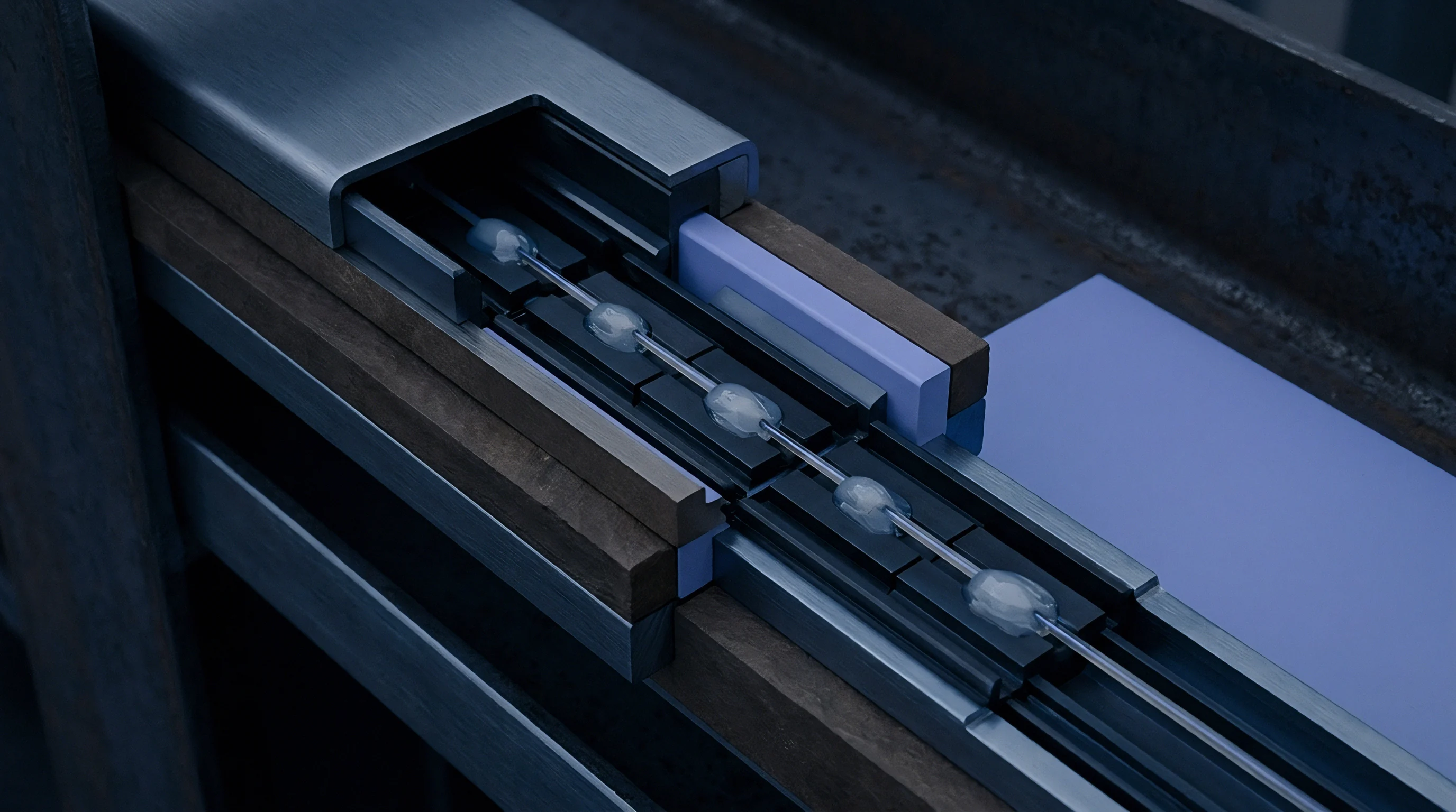 Encapsulated electronics on a wire feed through a precision metallic guideway in this three dimensional digital render of sensor integration.