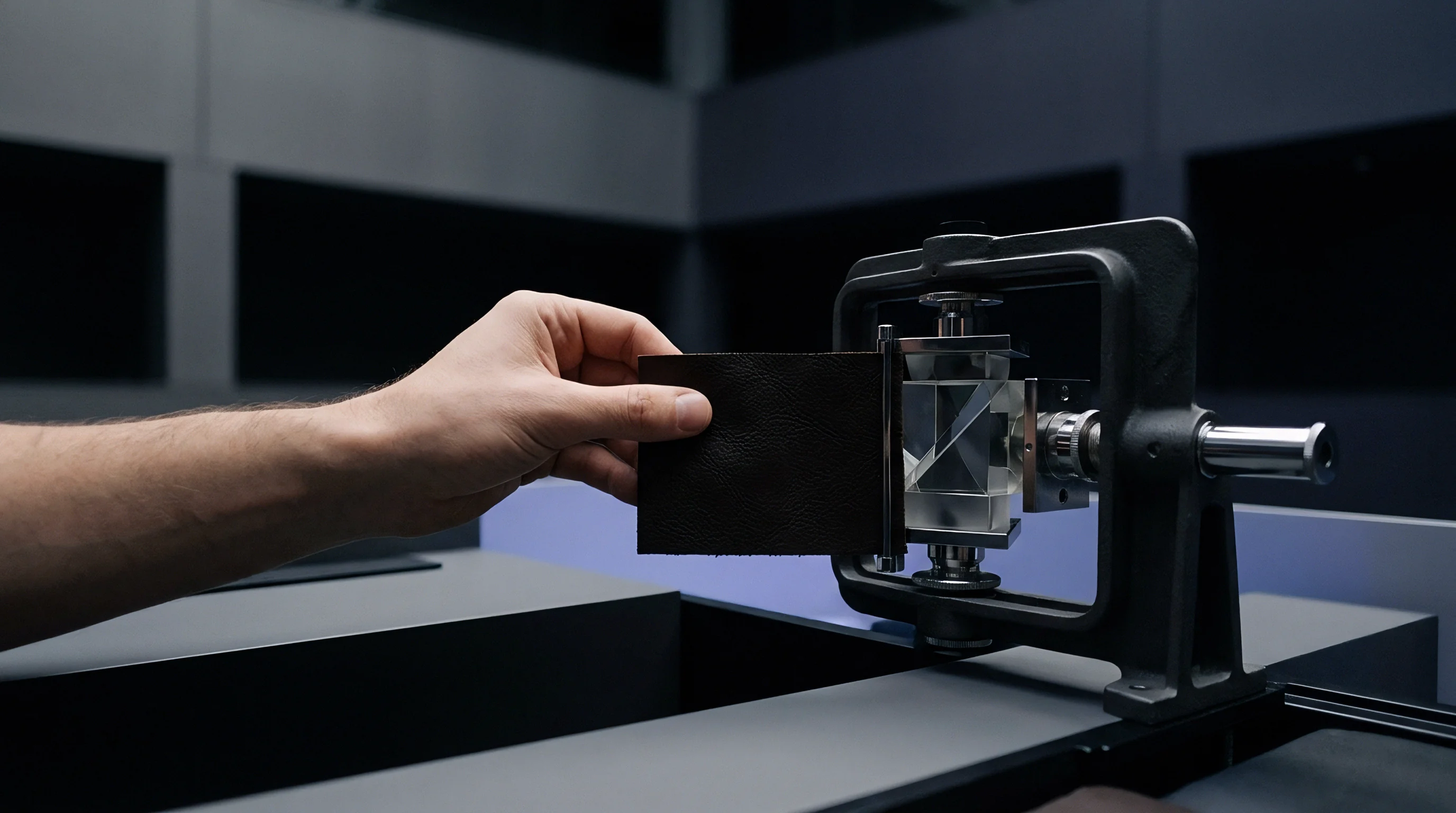 A human hand positions a dark opaque substrate sample near a precision optical prism assembly mounted on a calibration test rig.