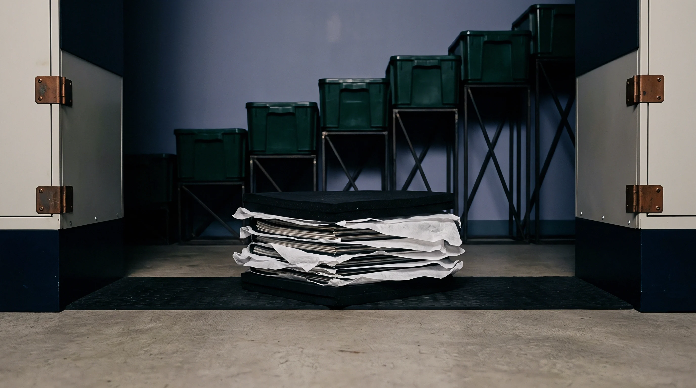 Precision metal calibration plates interleaved with protective tissue paper rest stacked between polymer damping pads on a concrete testing facility floor.