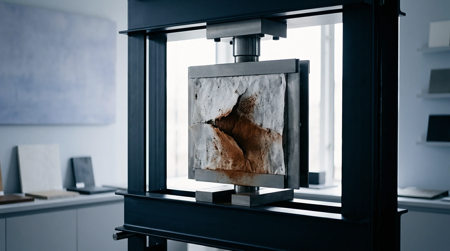 A laboratory compression testing machine holds a ruptured white fabric pouch spilling brown powder during a material stress analysis.