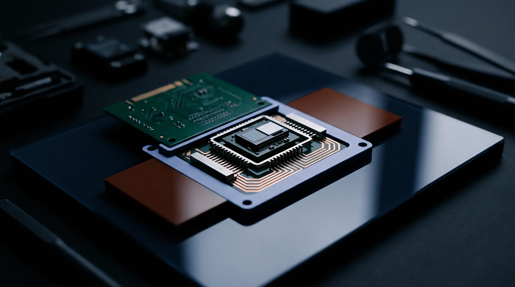 Three dimensional render of a microelectronic chip positioned on a dark carrier substrate with copper interconnect pads and an adjacent circuit board.