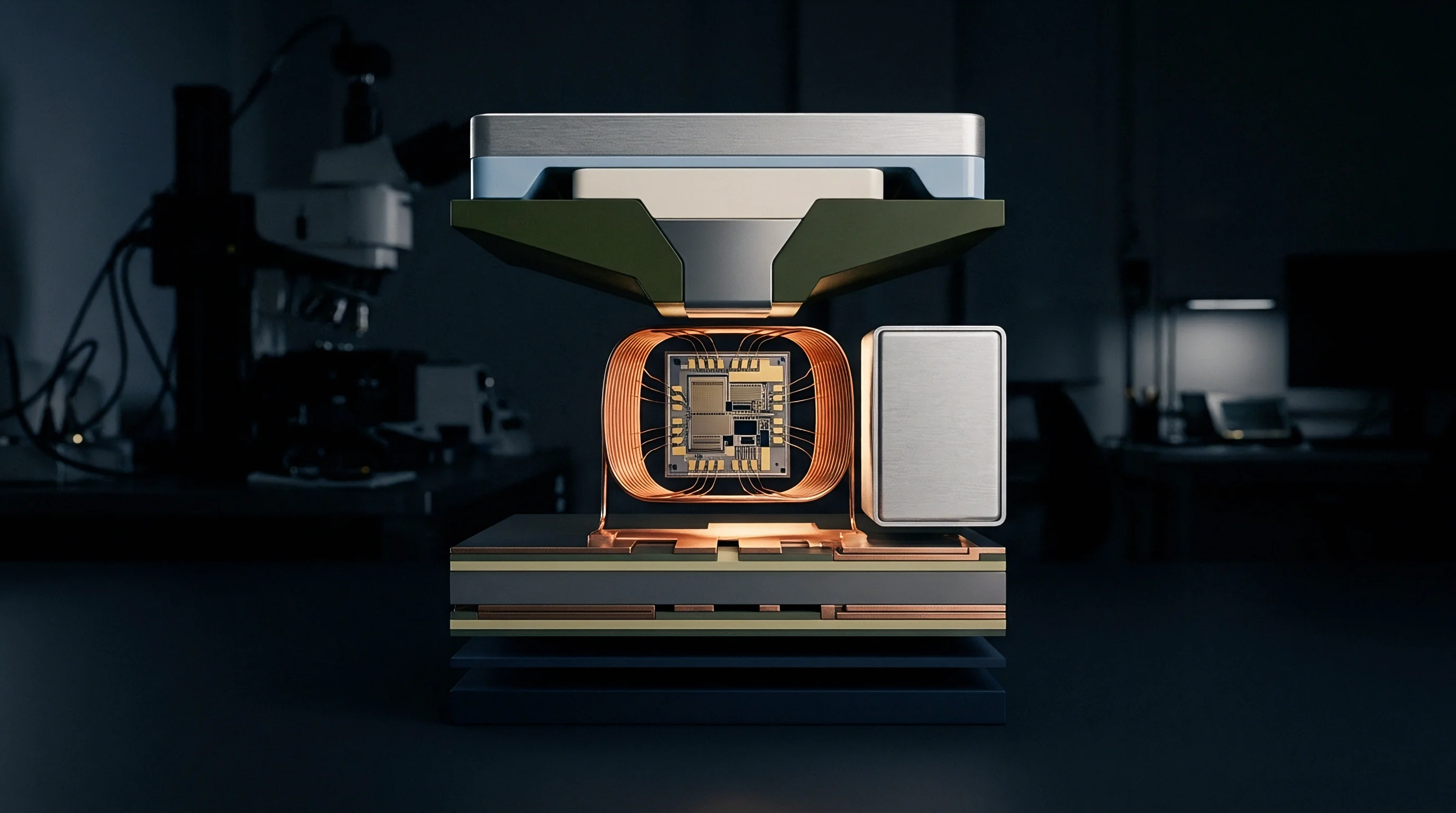 Digital illustration reveals a microelectronic sensor core mounted between layered printed circuit boards inside a darkened laboratory workspace.