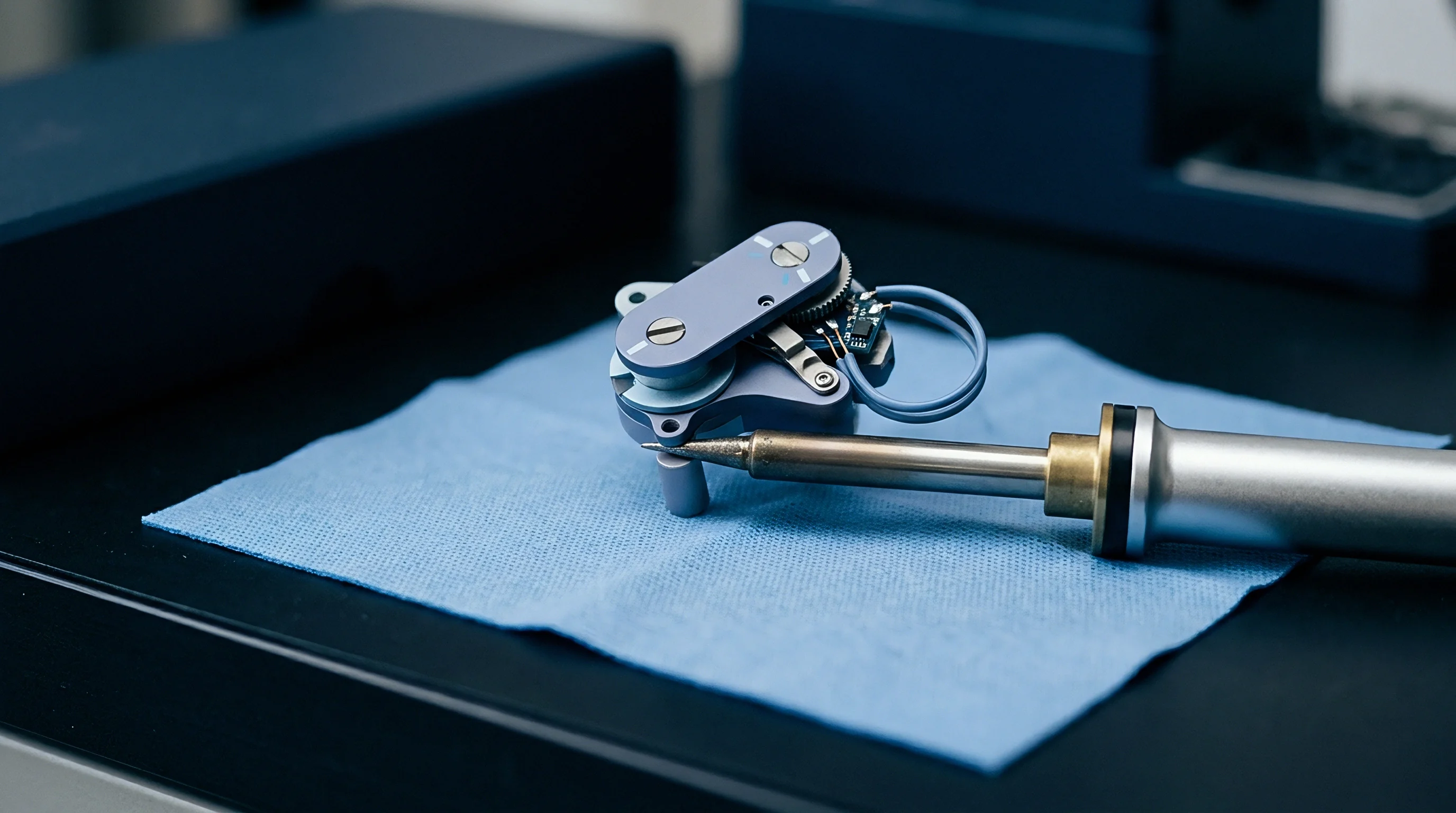 Precision microelectronic sensor hardware rests on a blue protective cloth while a heated iron tip contacts a terminal pin.
