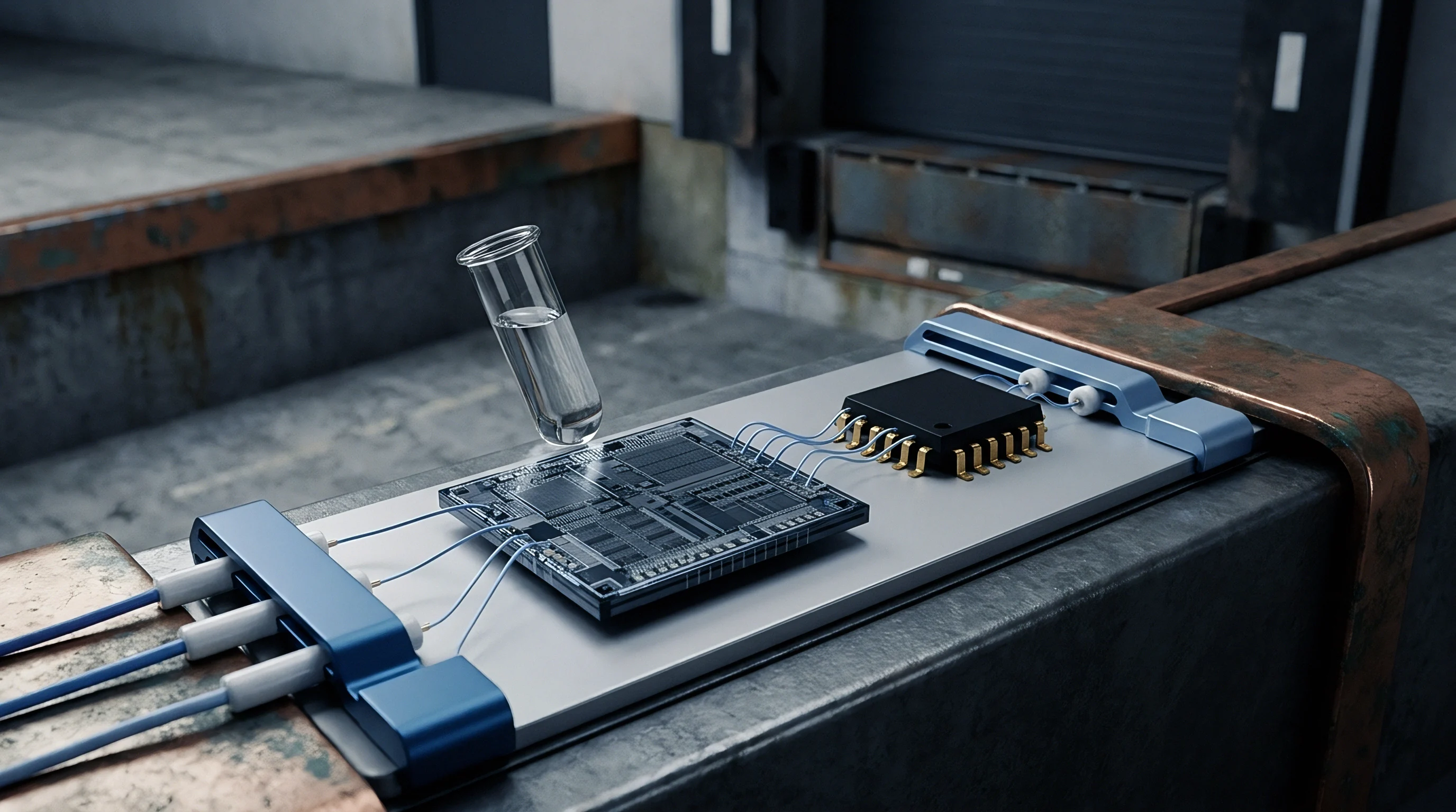 A 3D render displays a microfluidic test tube suspended above a complex semiconductor circuit board connected to electronic processing components via blue cables.