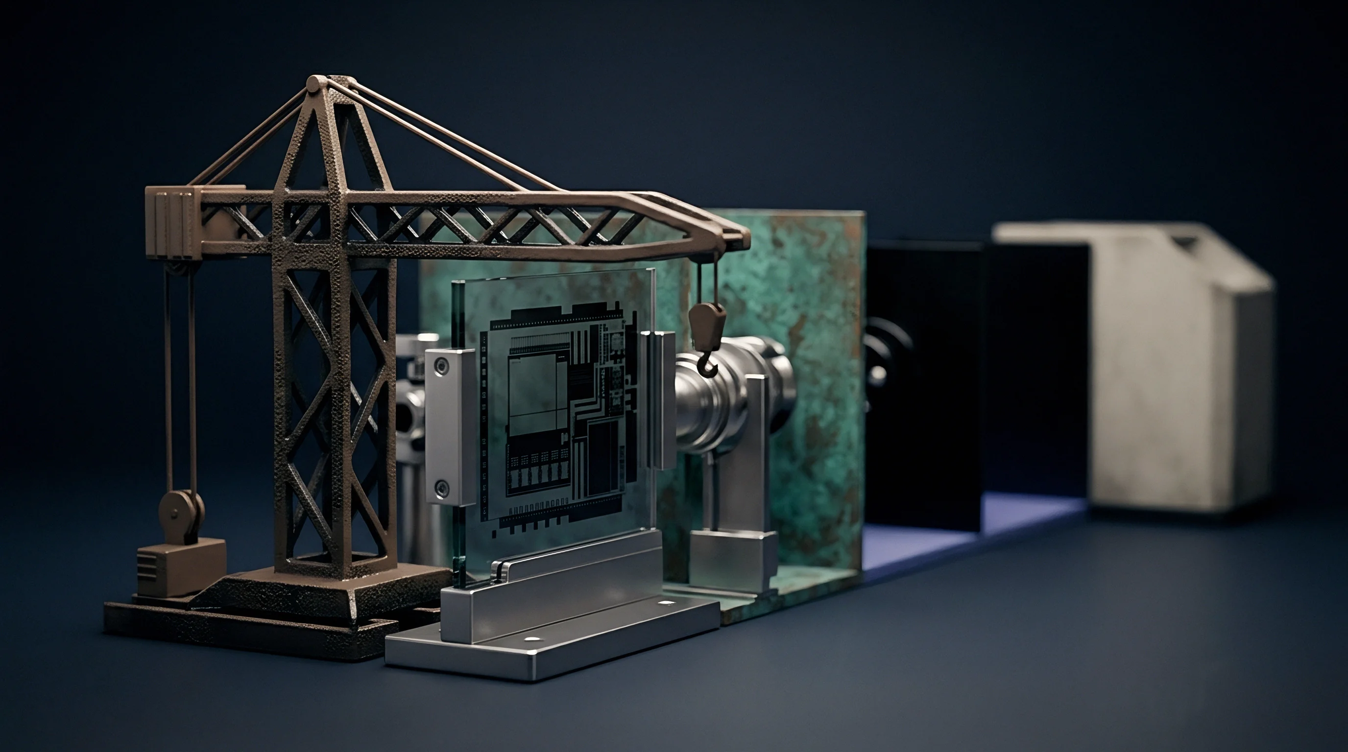 A model construction crane suspends a patterned glass substrate before a precision optical alignment assembly inside a metrology testing enclosure.