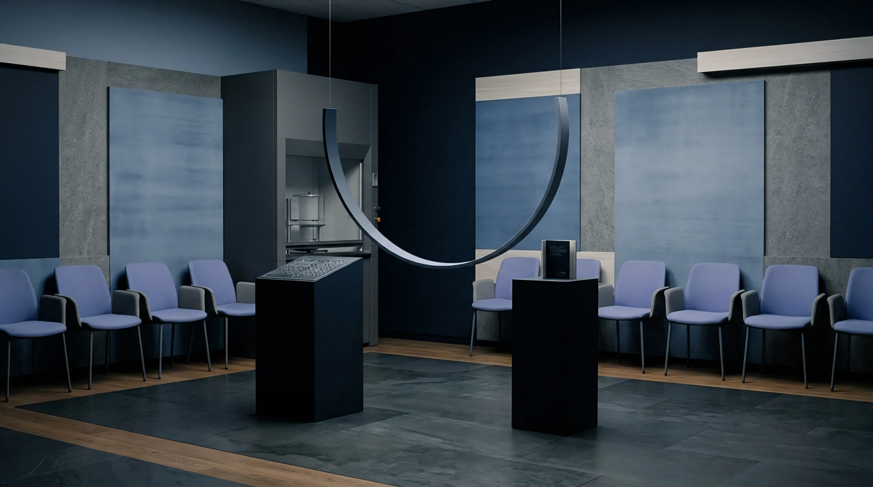 A digital render illustrates a darkened calibration room featuring blue seating surrounding a central hanging sensor arc and dual black measurement pedestals.
