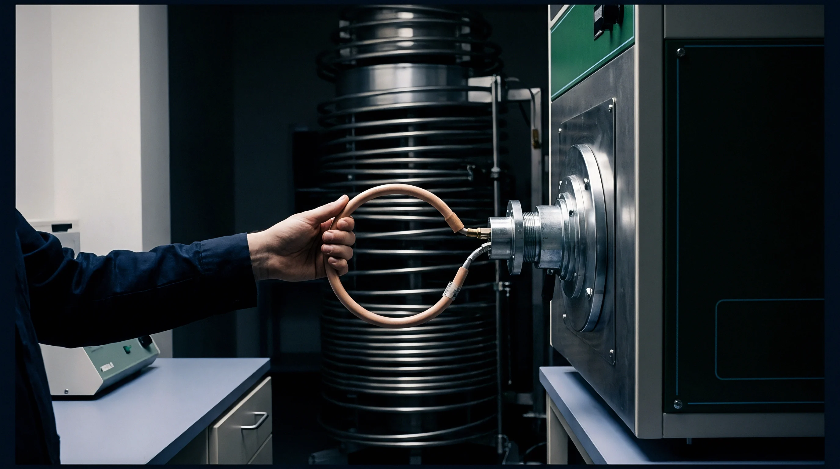 A technician's hand connects a flexible, insulated sensor probe to the input port of a robust metal measurement apparatus.