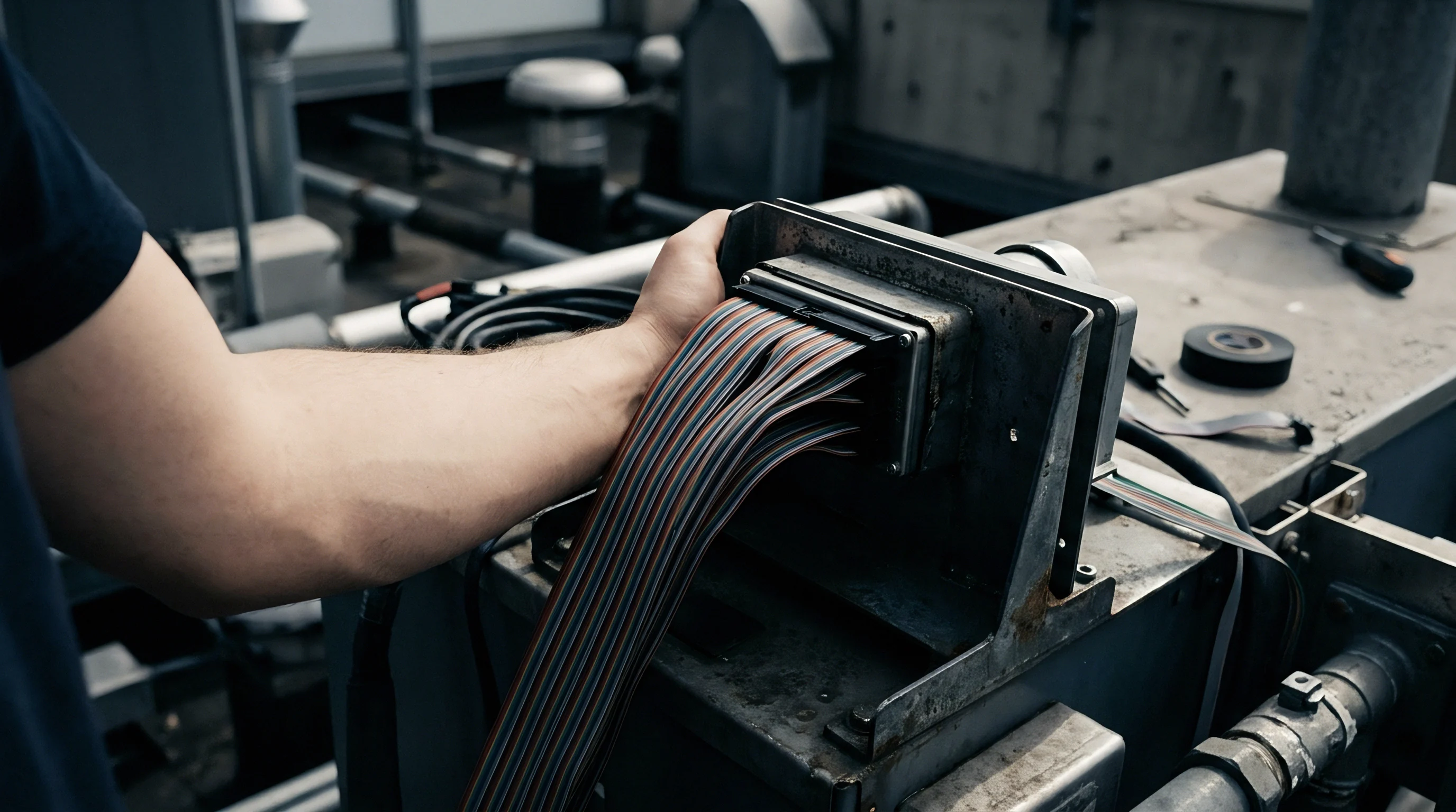 A technician connects a multi conductor ribbon cable assembly into a robust metal interface enclosure situated on an industrial utility platform.